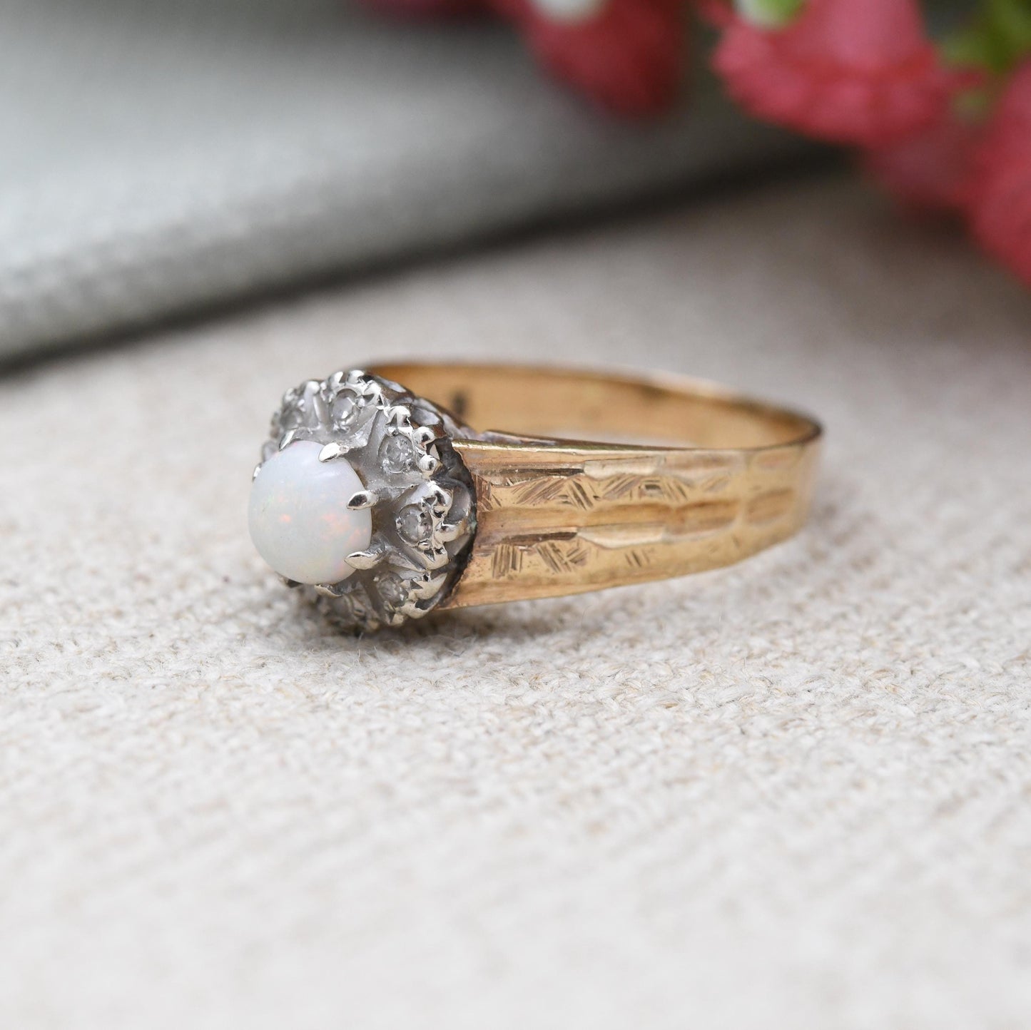 Vintage 9ct Gold Opal Diamond Floral Cluster Ring 1975 - Pretty Mid-Century Flower Ring with Diamond Halo | UK Size - M 1/2 | US Size - 7