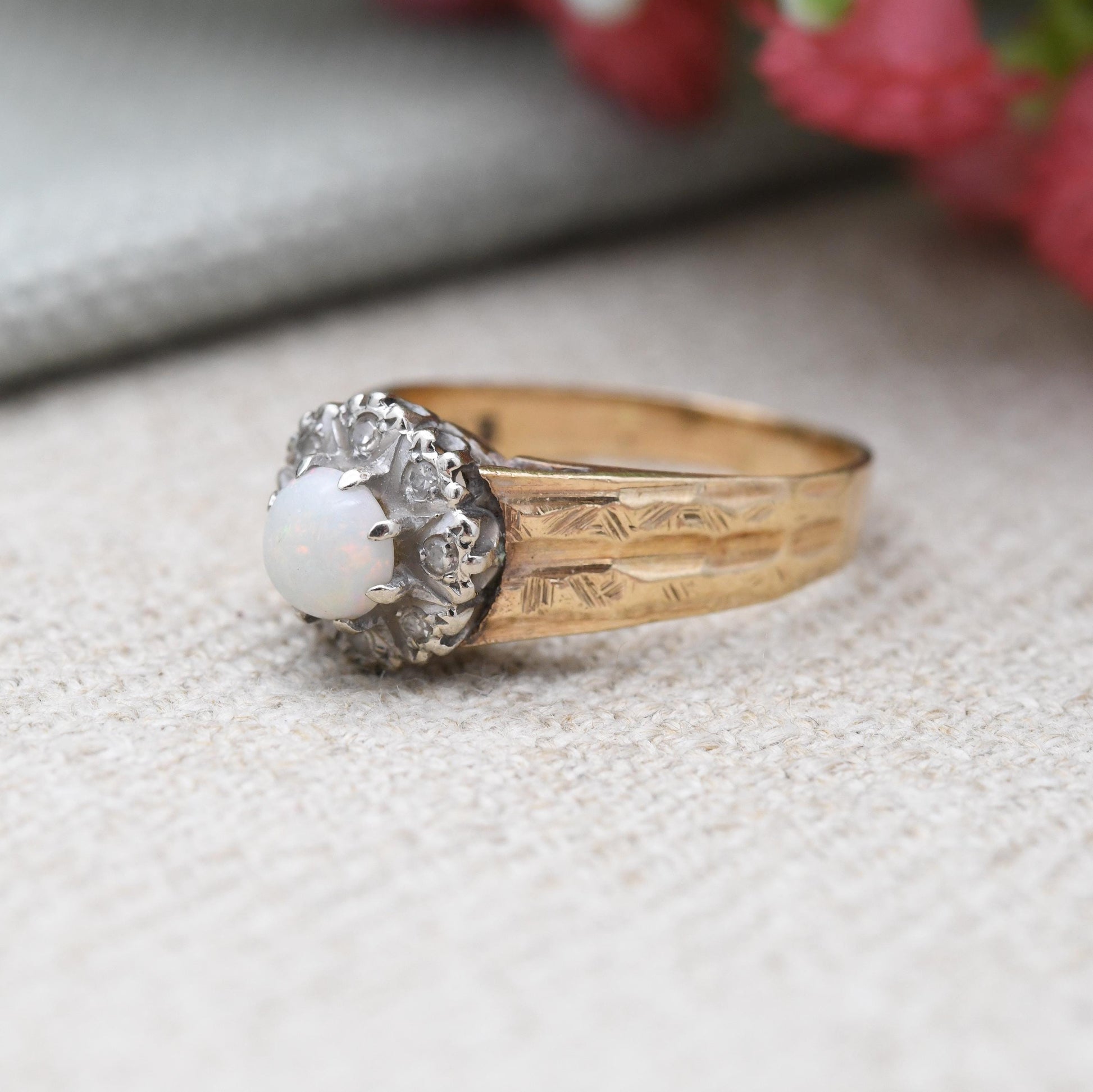 Vintage 9ct Gold Opal Diamond Floral Cluster Ring 1975 - Pretty Mid-Century Flower Ring with Diamond Halo | UK Size - M 1/2 | US Size - 7