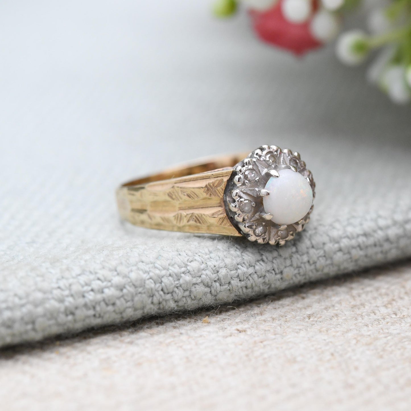Vintage 9ct Gold Opal Diamond Floral Cluster Ring 1975 - Pretty Mid-Century Flower Ring with Diamond Halo | UK Size - M 1/2 | US Size - 7