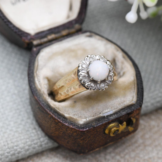 Vintage 9ct Gold Opal Diamond Floral Cluster Ring 1975 - Pretty Mid-Century Flower Ring with Diamond Halo | UK Size - M 1/2 | US Size - 7