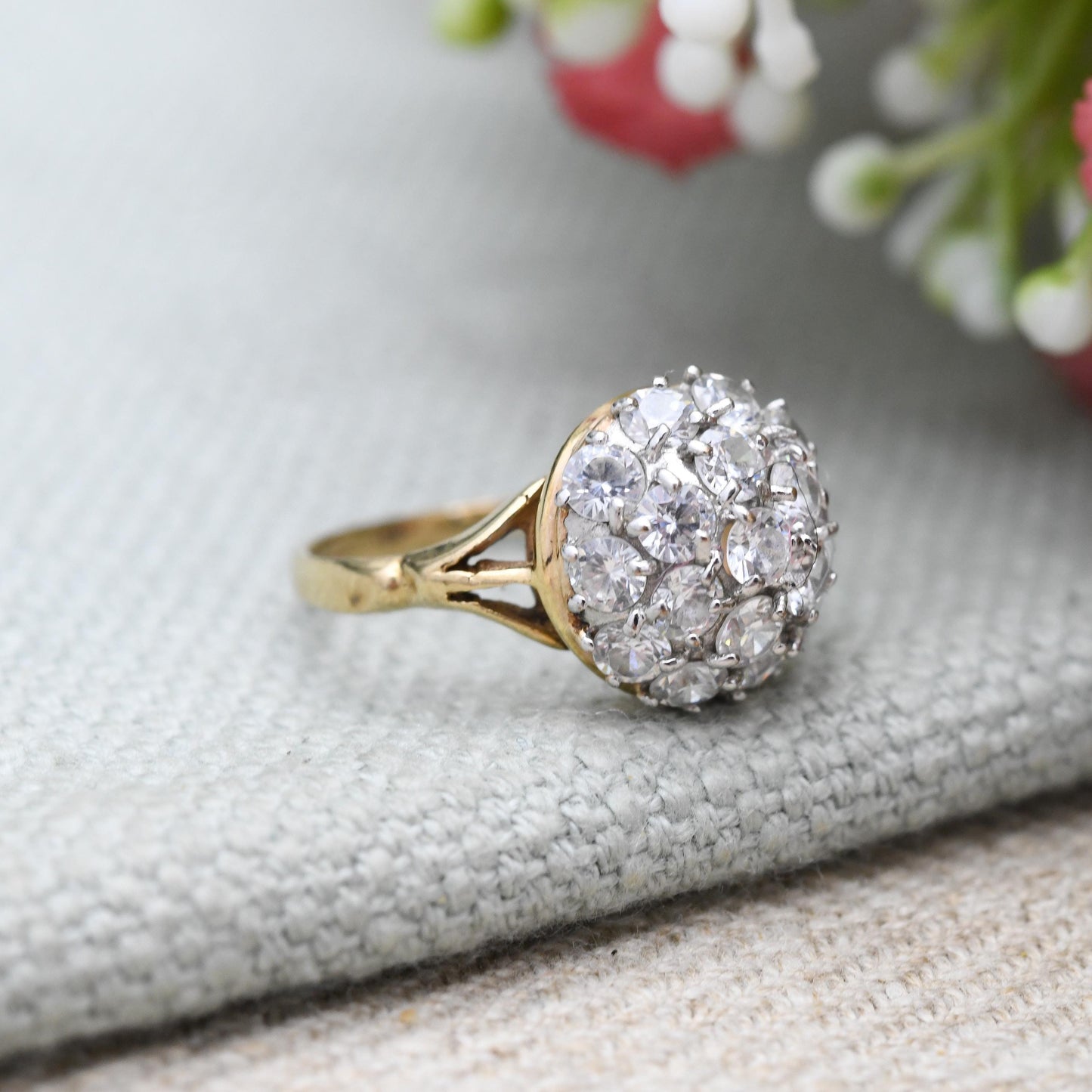 Vintage 9ct Gold CZ Boule Ring Clear Stone Cluster - Pretty Solid Gold Jewellery Gift for Her | UK Size - K | US Size - 5 3/4