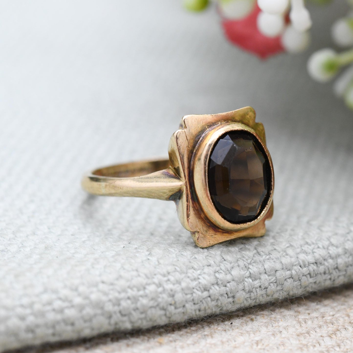 Vintage 9ct Gold Smoky Quartz Statement Ring 1964 - Mid-Century Large Round Brown Gemstone Cocktail Ring | UK Size - N | US Size - 6 1/2