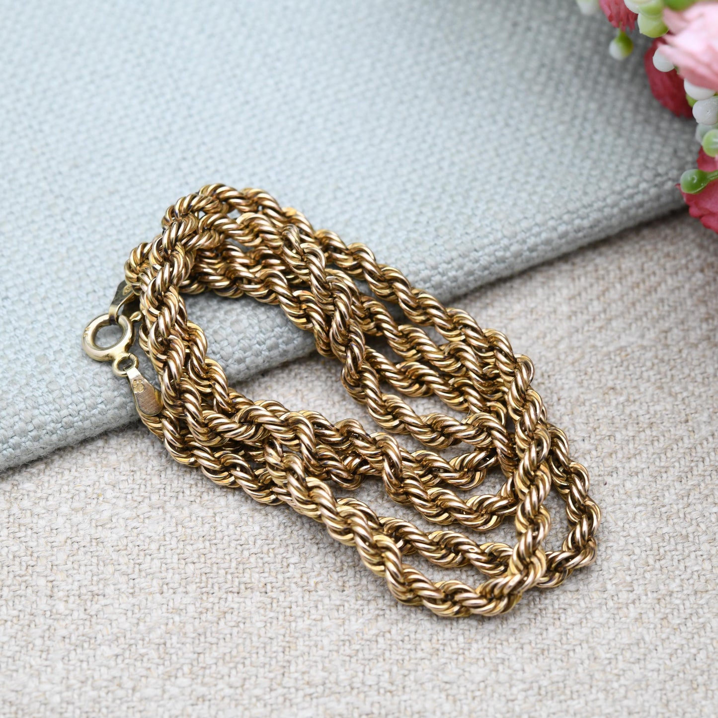 Vintage 9ct Gold Twisted Rope Chain Necklace - Unisex 9K Solid Gold Chain | Yellow Gold Jewellery for Men | 51cm | 20"