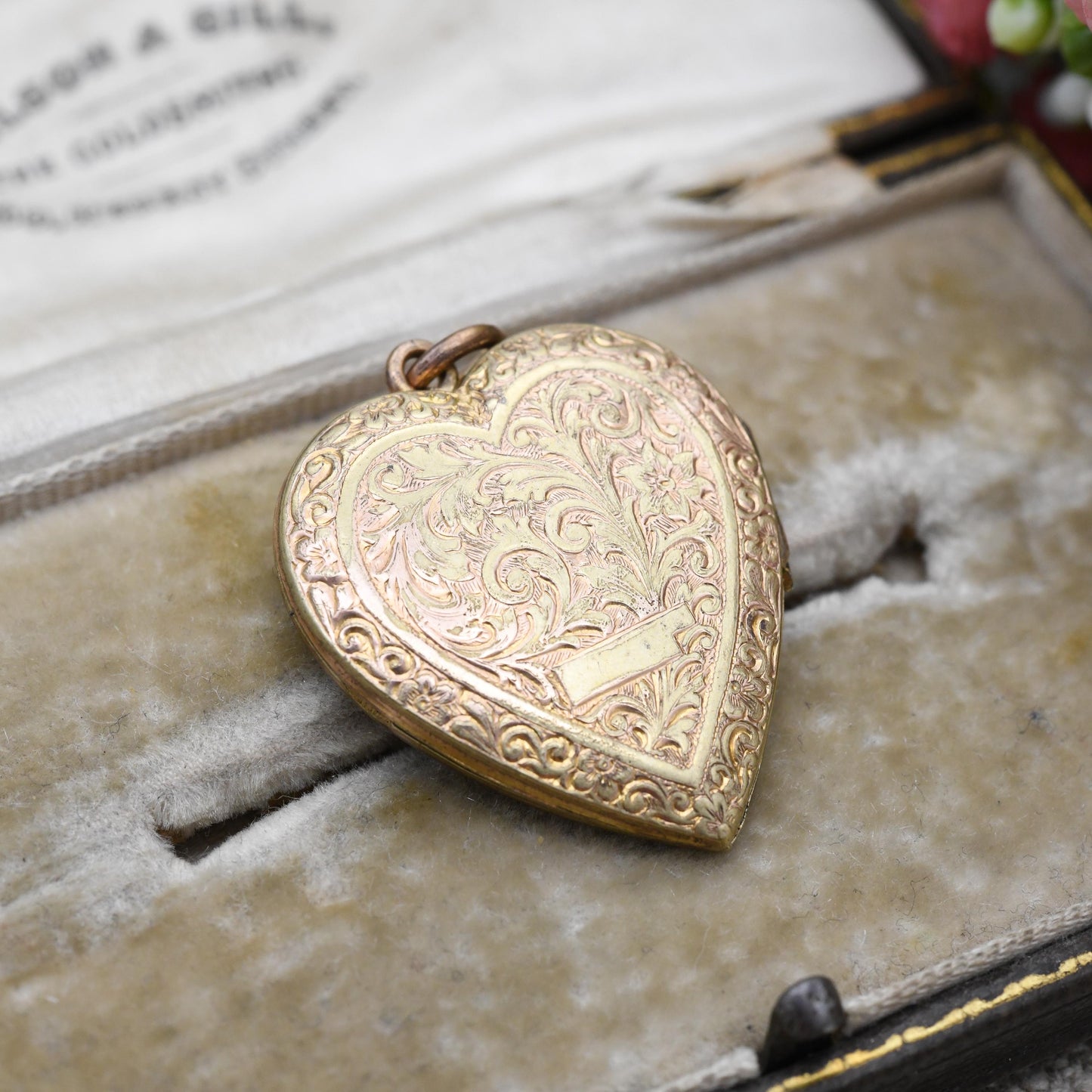 Antique Rolled Gold Heart Locket with Floral Scrolling Design - Double Sided | Blank for Engraving | c. 1900 Victorian Pendant Necklace