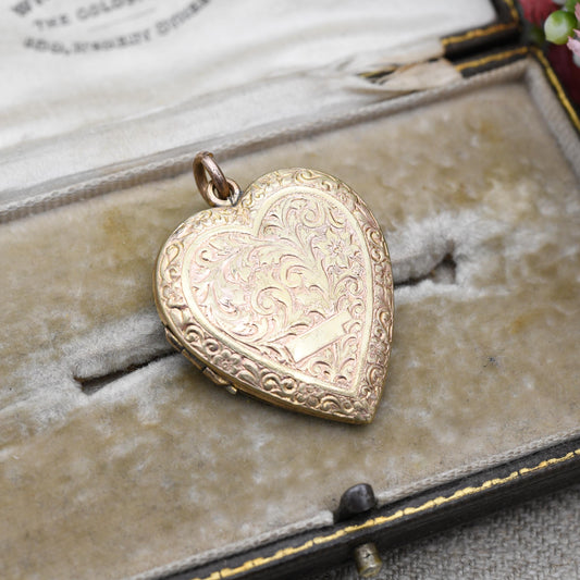 Antique Rolled Gold Heart Locket with Floral Scrolling Design - Double Sided | Blank for Engraving | c. 1900 Victorian Pendant Necklace