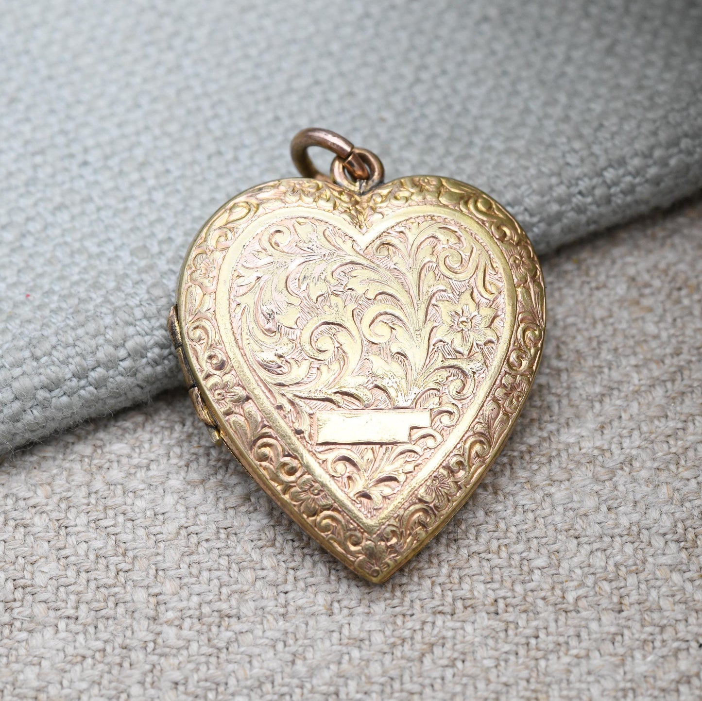 Antique Rolled Gold Heart Locket with Floral Scrolling Design - Double Sided | Blank for Engraving | c. 1900 Victorian Pendant Necklace