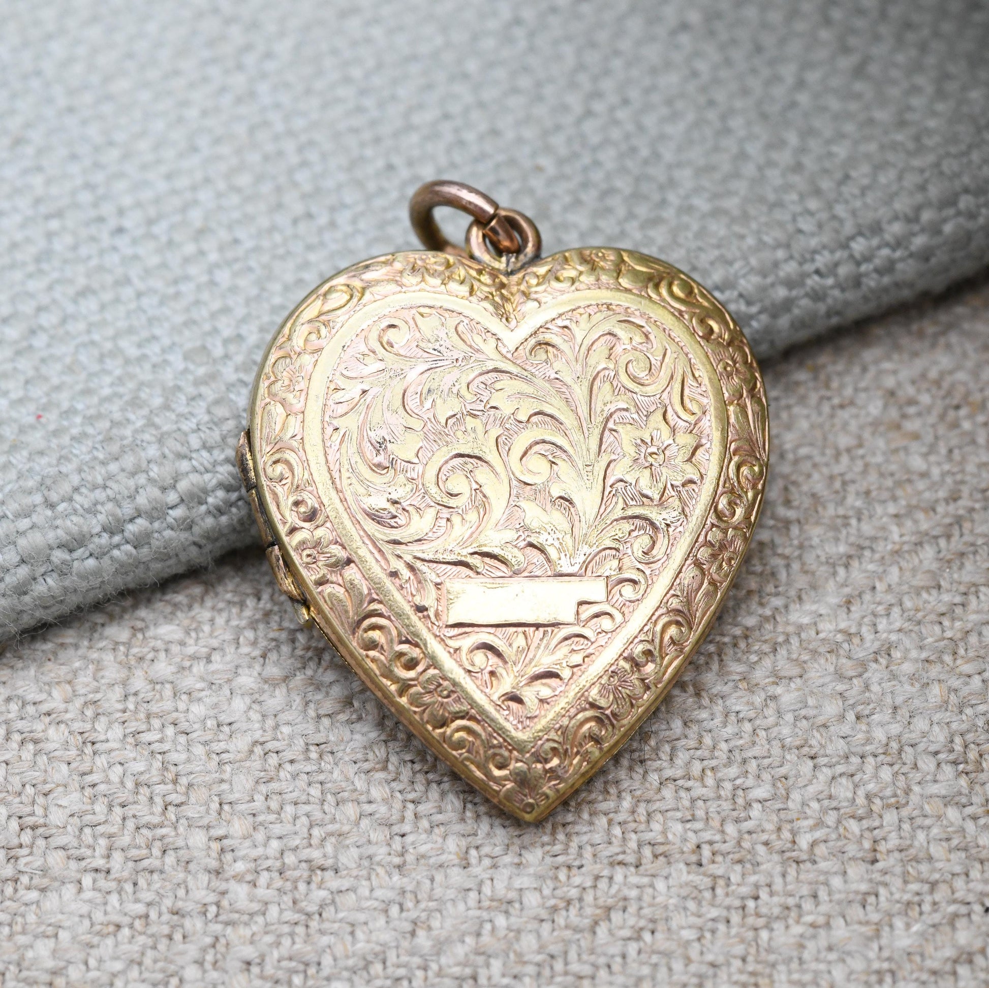 Antique Rolled Gold Heart Locket with Floral Scrolling Design - Double Sided | Blank for Engraving | c. 1900 Victorian Pendant Necklace