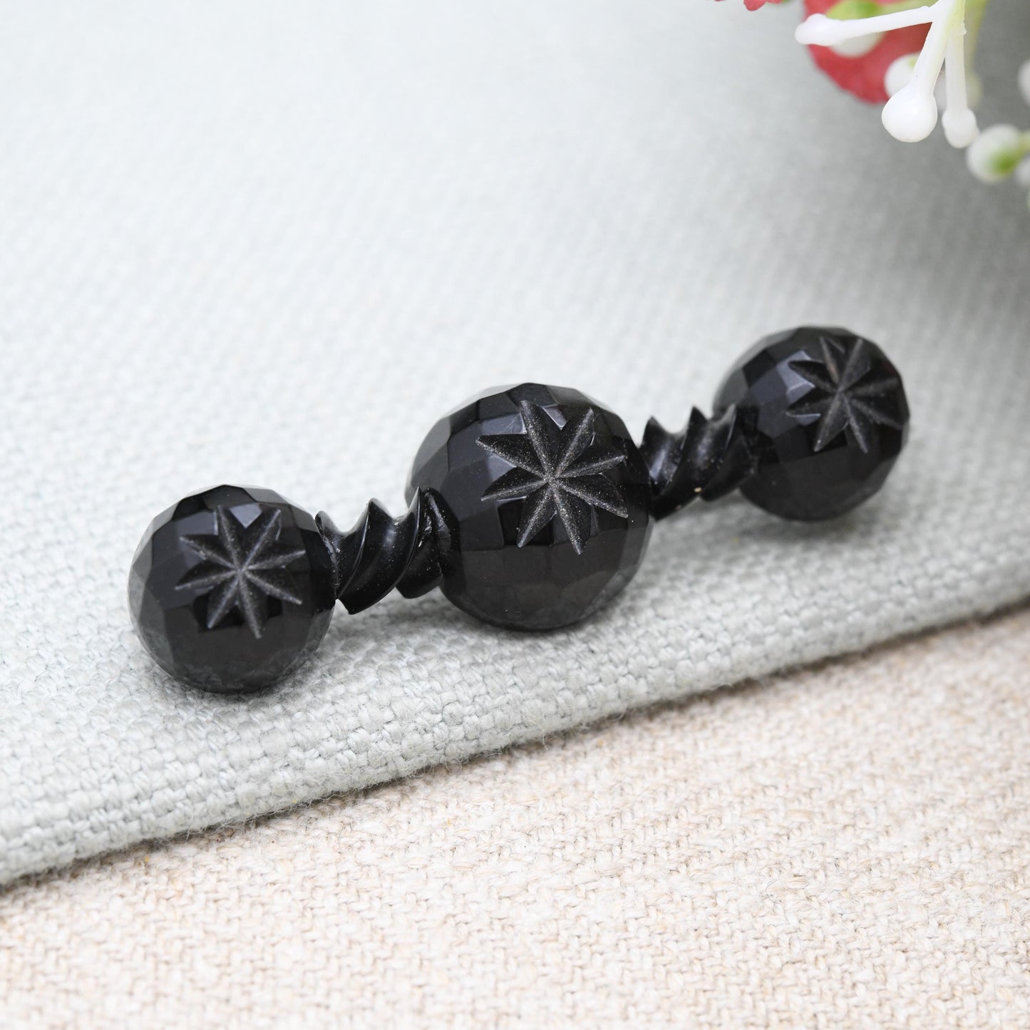 Antique Victorian Whitby Jet Bar Brooch c. 1890s - Star Cut Faceted Black Ball Design | Unisex Mourning Jewellery