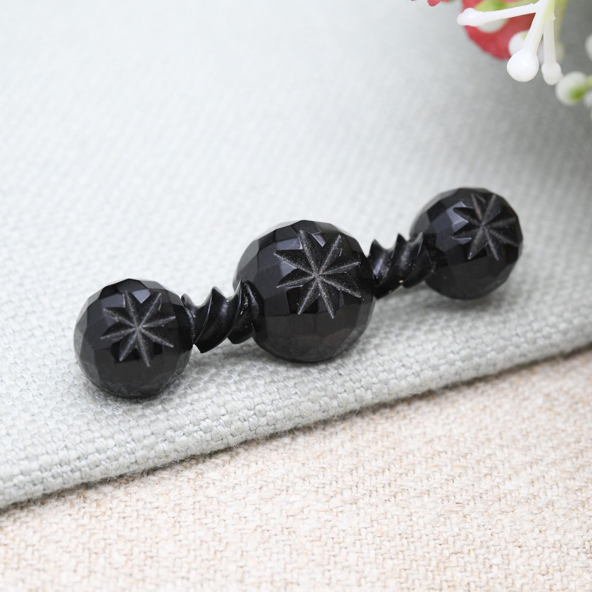 Antique Victorian Whitby Jet Bar Brooch c. 1890s - Star Cut Faceted Black Ball Design | Unisex Mourning Jewellery