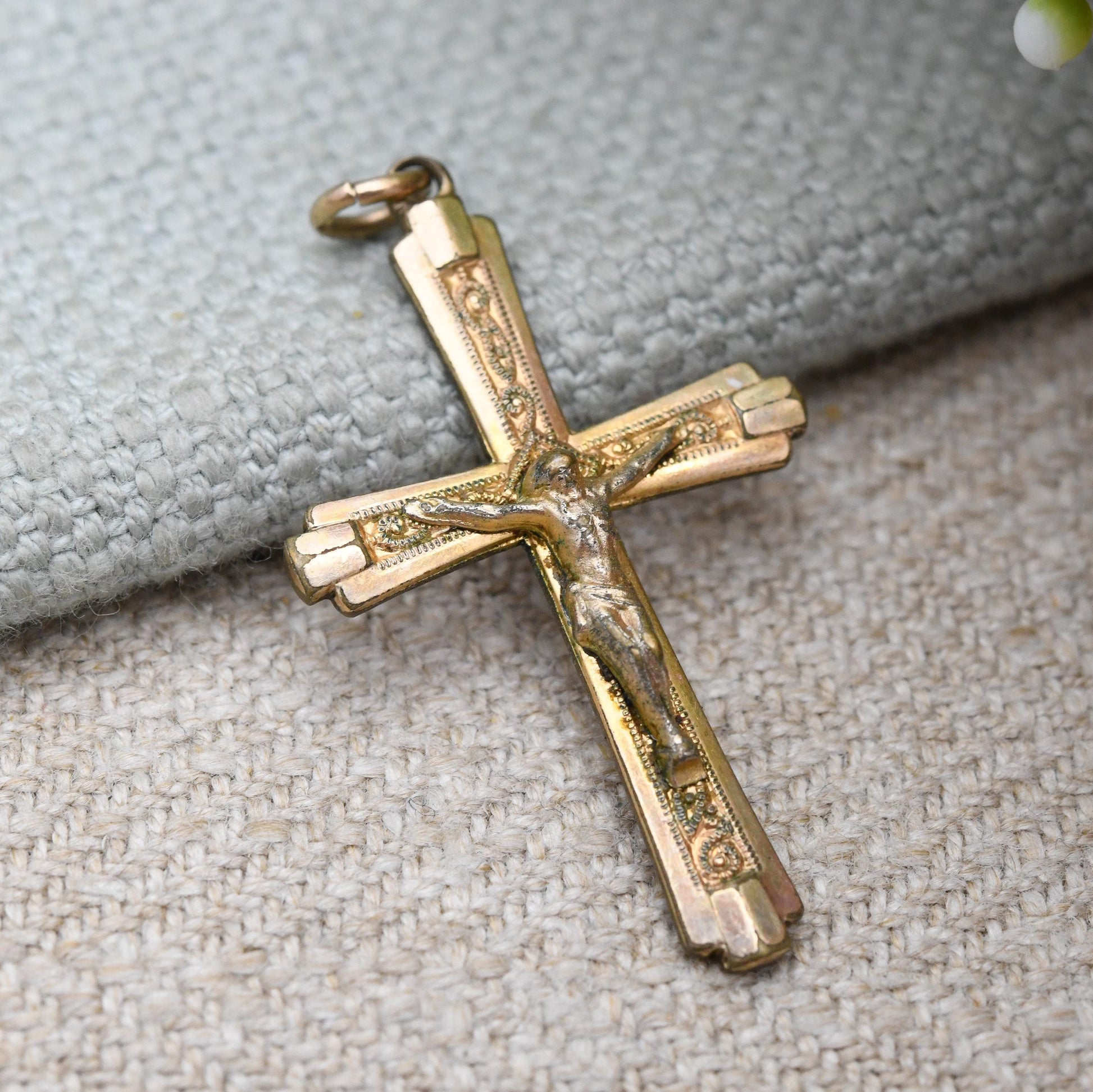 Vintage Rolled Gold Crucifix Pendant c. 1920s - Christ on the Cross Christian Cross | Unisex Religious Gift