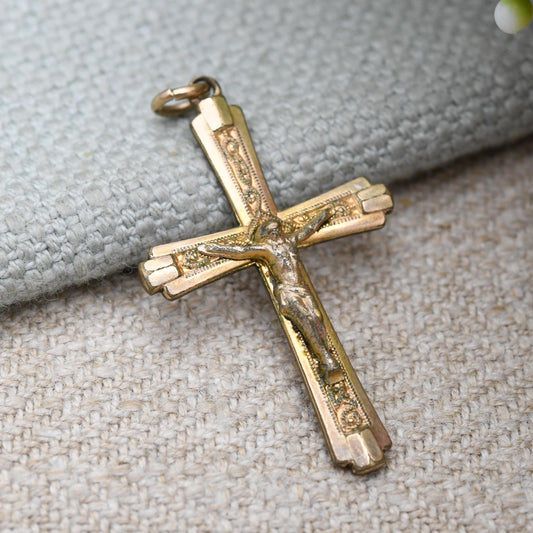 Vintage Rolled Gold Crucifix Pendant c. 1920s - Christ on the Cross Christian Cross | Unisex Religious Gift