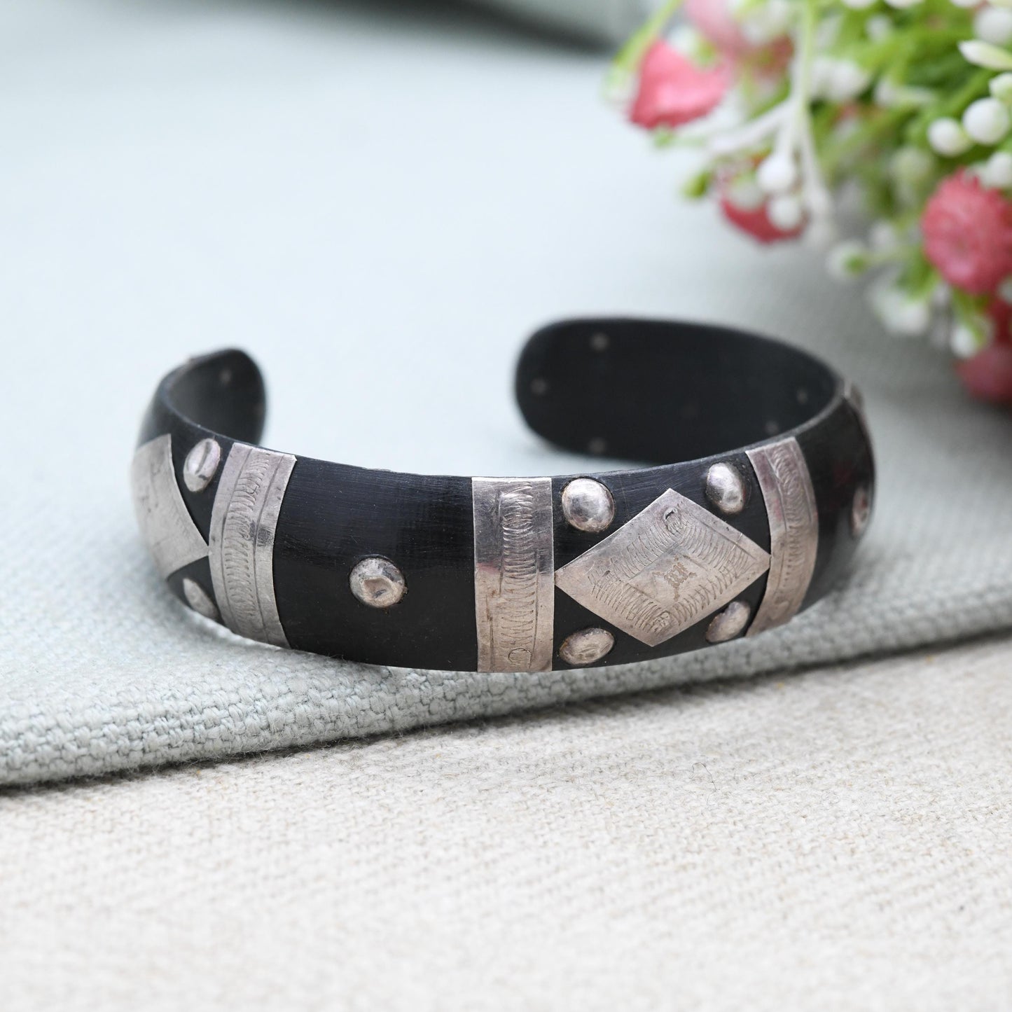 Antique African Silver and Ebony Cuff Bangle Bracelet - Tuareg Saharan Jewellery | Hand Engraved Design