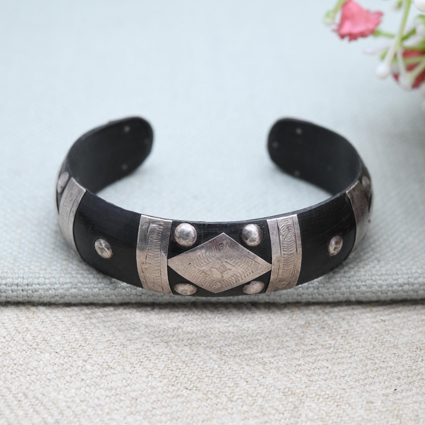 Antique African Silver and Ebony Cuff Bangle Bracelet - Tuareg Saharan Jewellery | Hand Engraved Design