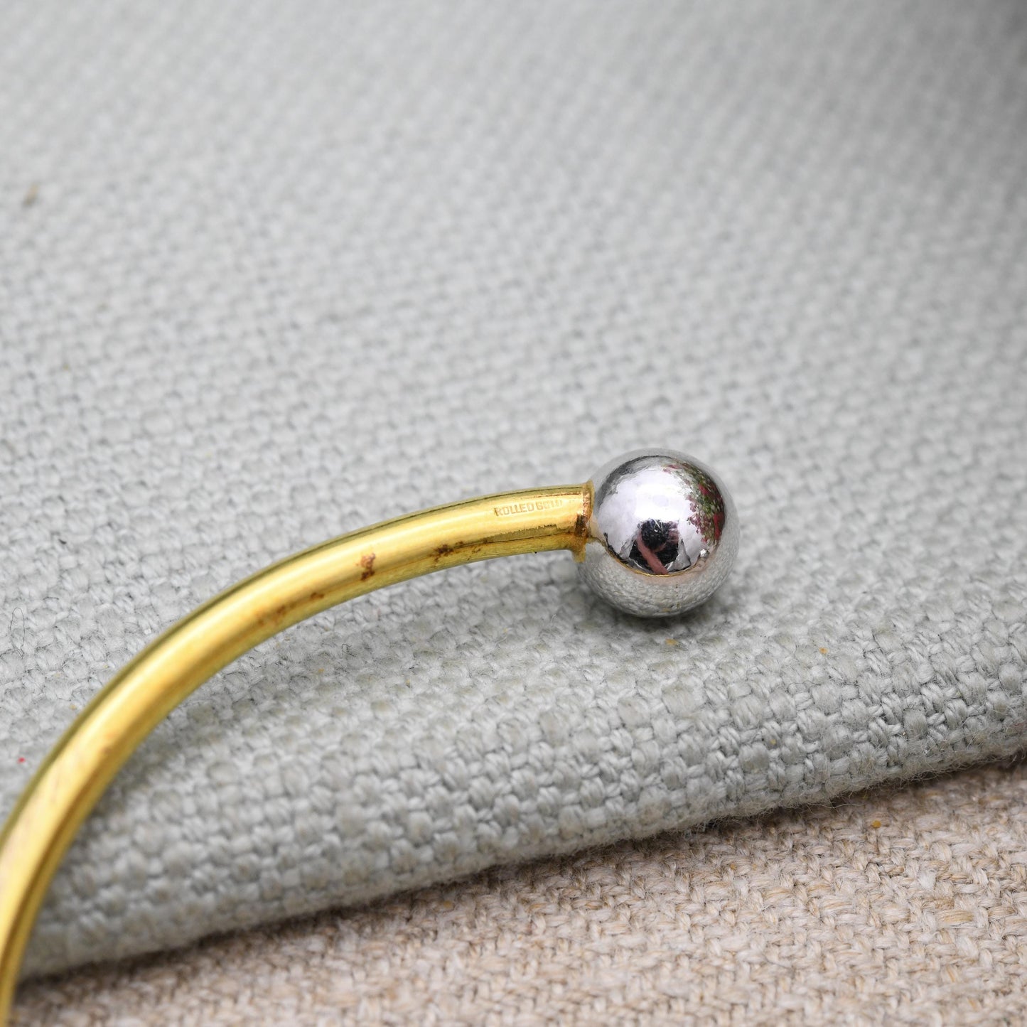 Vintage Rolled Gold Torque Bangle by Andreas Daub A*D - Mid-Century Minimal Two Tone Yellow Gold Tone Bracelet with Silver Tone Balls