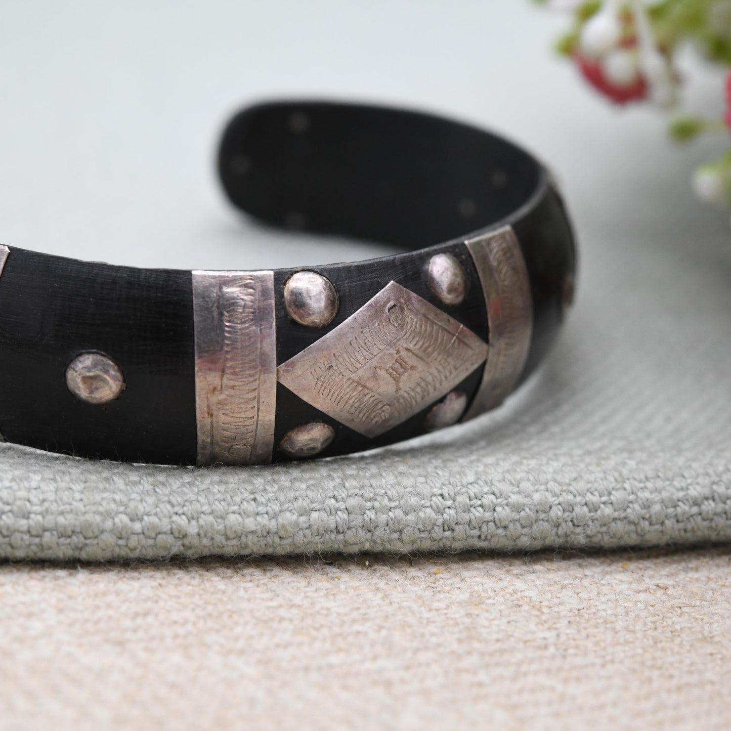 Antique African Silver and Ebony Cuff Bangle Bracelet - Tuareg Saharan Jewellery | Hand Engraved Design