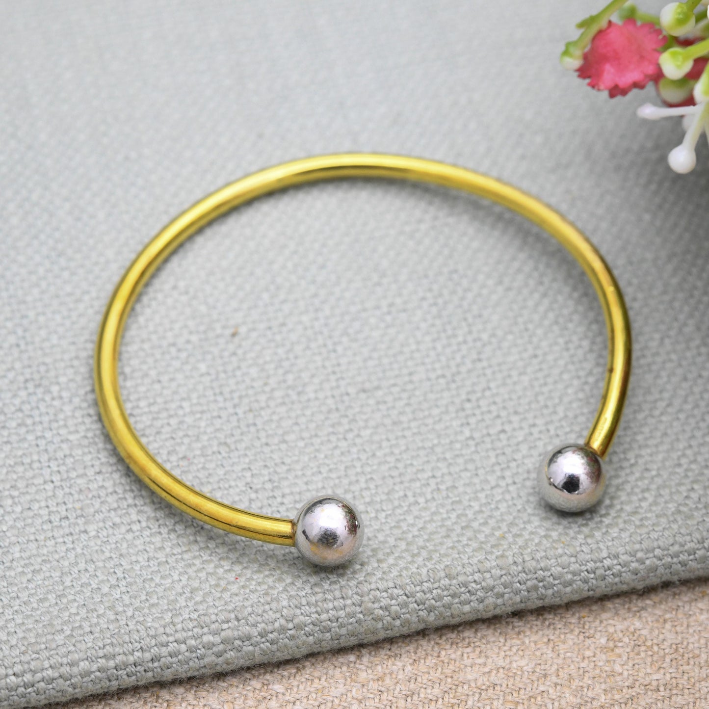 Vintage Rolled Gold Torque Bangle by Andreas Daub A*D - Mid-Century Minimal Two Tone Yellow Gold Tone Bracelet with Silver Tone Balls