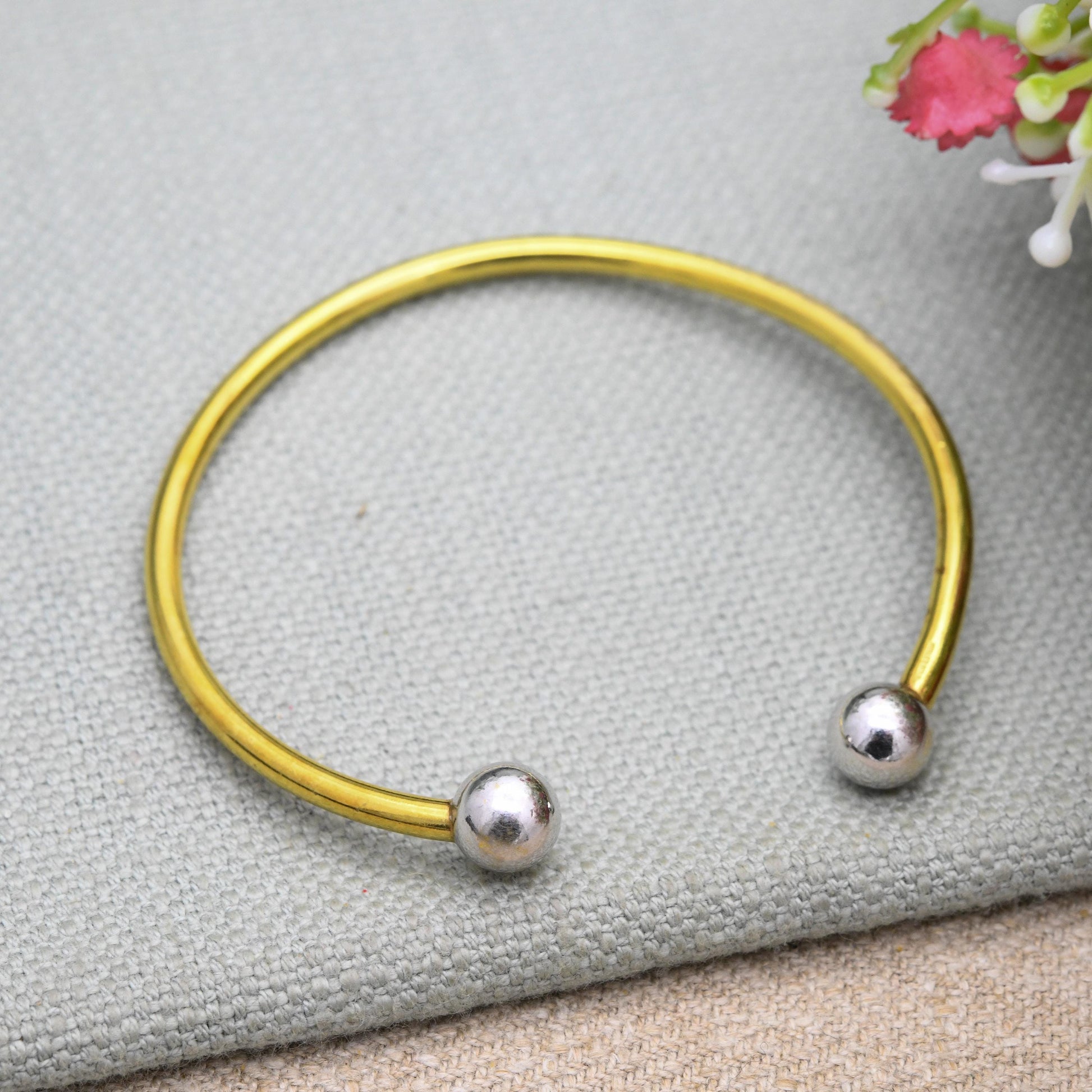 Vintage Rolled Gold Torque Bangle by Andreas Daub A*D - Mid-Century Minimal Two Tone Yellow Gold Tone Bracelet with Silver Tone Balls
