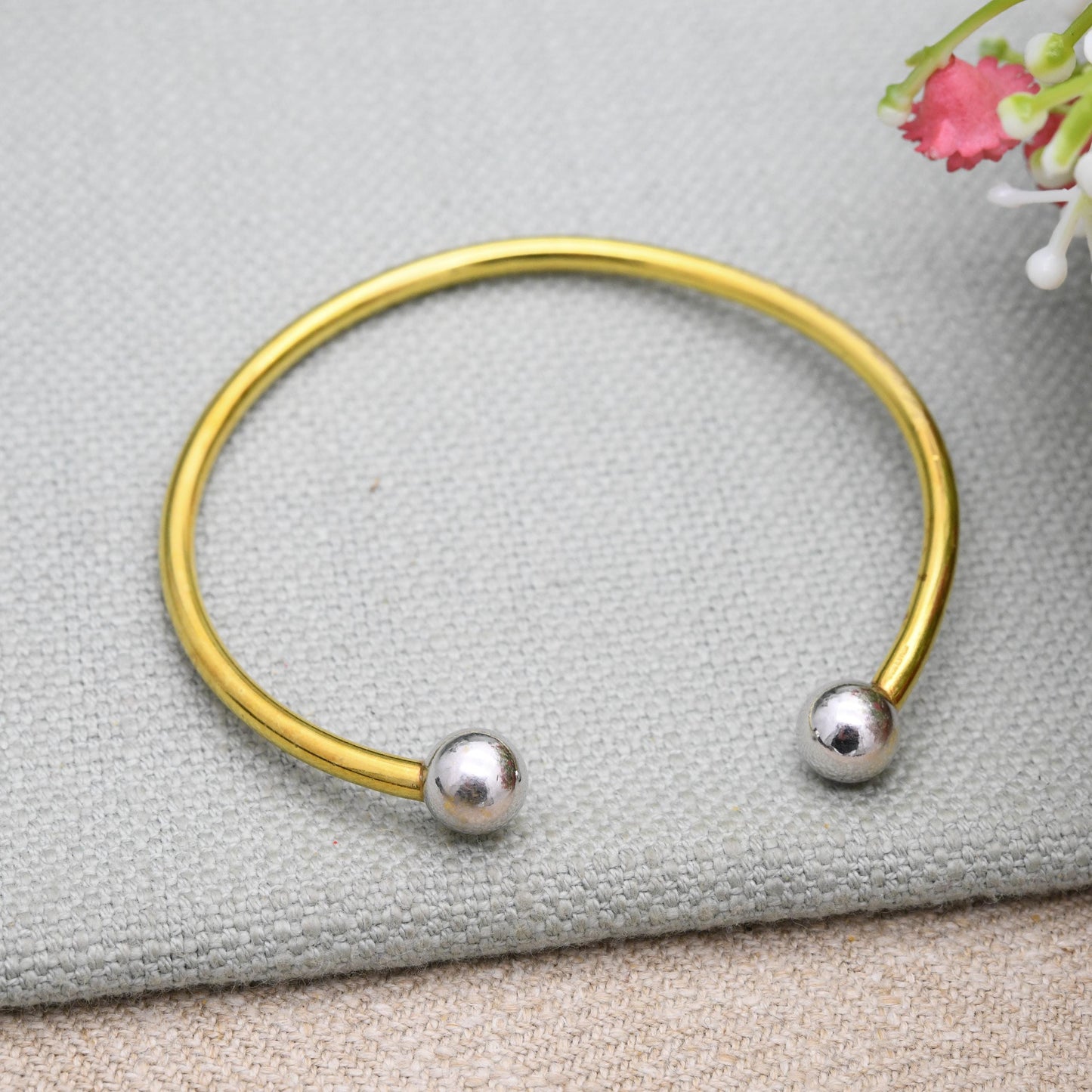 Vintage Rolled Gold Torque Bangle by Andreas Daub A*D - Mid-Century Minimal Two Tone Yellow Gold Tone Bracelet with Silver Tone Balls