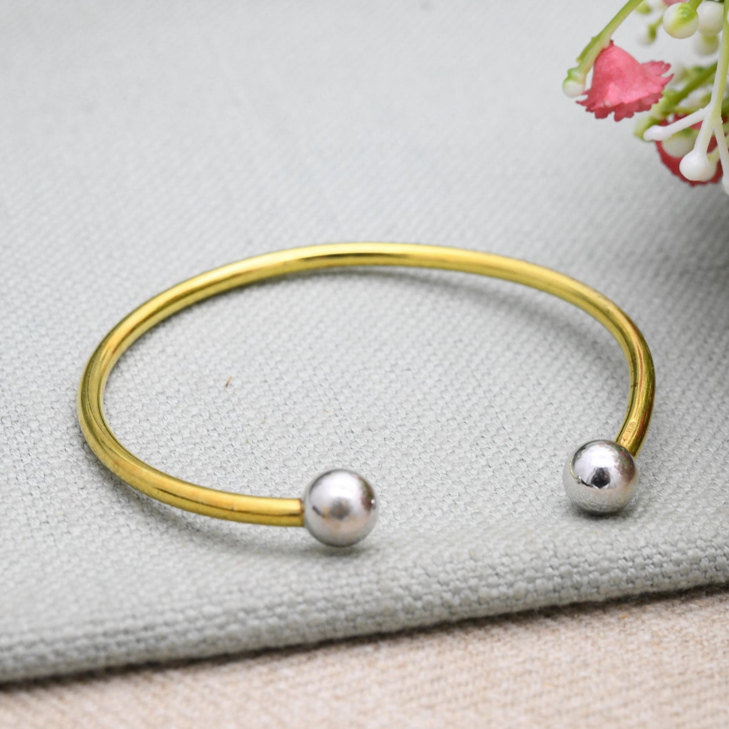 Vintage Rolled Gold Torque Bangle by Andreas Daub A*D - Mid-Century Minimal Two Tone Yellow Gold Tone Bracelet with Silver Tone Balls