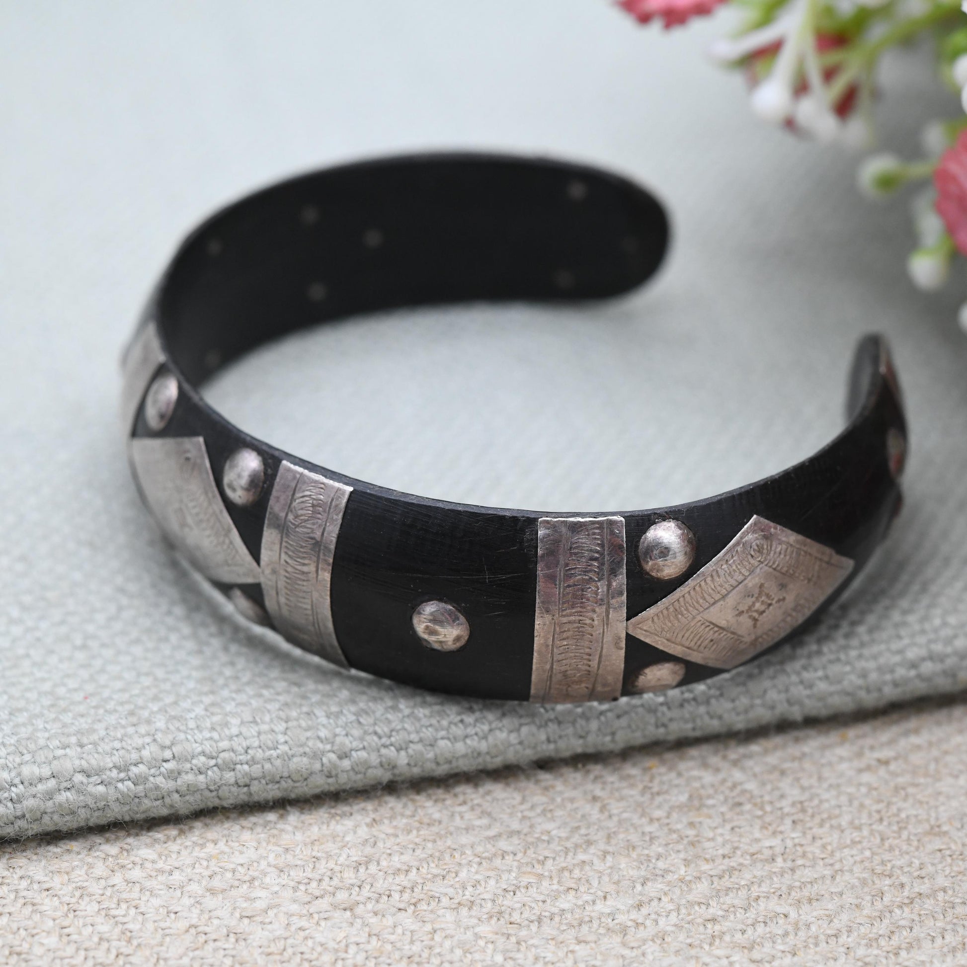 Antique African Silver and Ebony Cuff Bangle Bracelet - Tuareg Saharan Jewellery | Hand Engraved Design