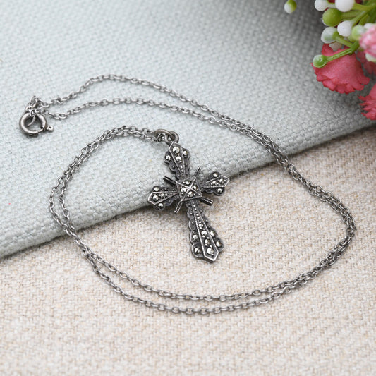 Vintage Sterling Silver Marcasite Cross Pendant Necklace with Scalloped Edges