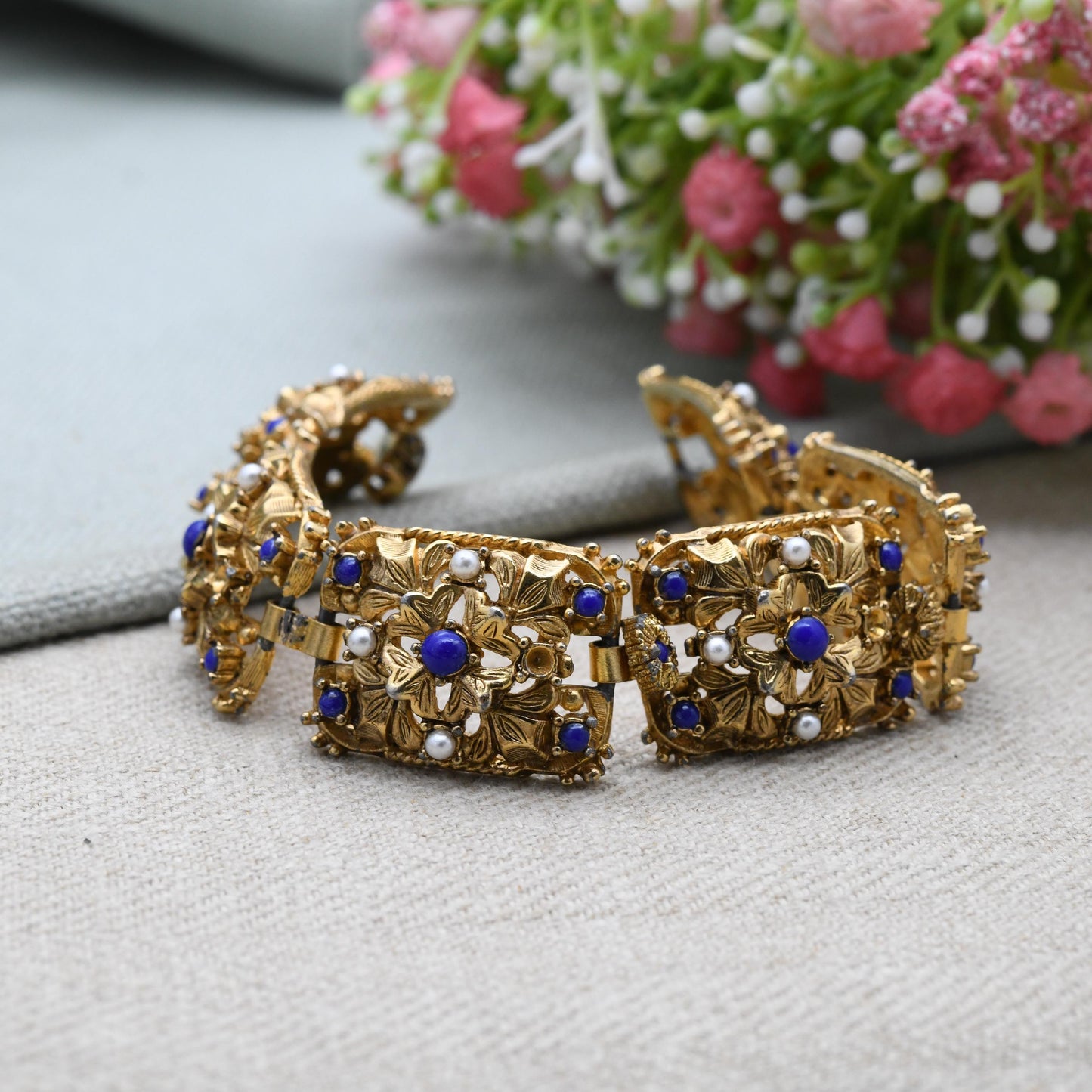 Vintage Sphinx Panel Bracelet with Imitation Pearls and Lapis Lazuli - Mid-Century Designer Signed Jewellery Ornate Gold Tone Antique Style