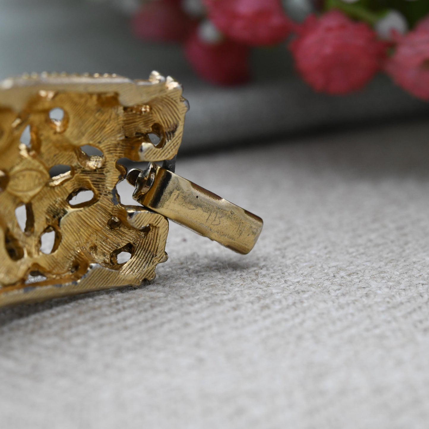 Vintage Sphinx Panel Bracelet with Imitation Pearls and Lapis Lazuli - Mid-Century Designer Signed Jewellery Ornate Gold Tone Antique Style