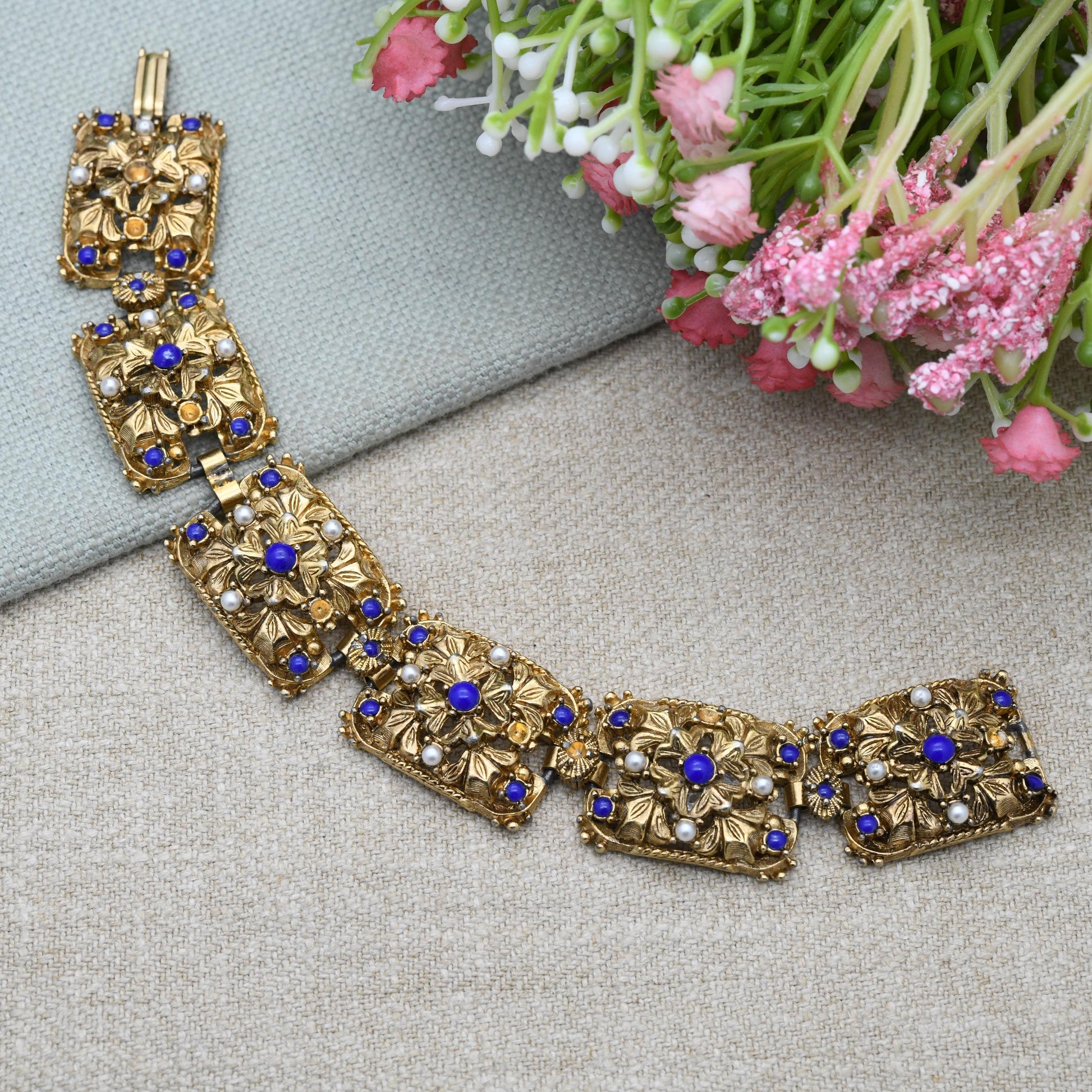 Vintage Sphinx Panel Bracelet with Imitation Pearls and Lapis Lazuli - Mid-Century Designer Signed Jewellery Ornate Gold Tone Antique Style