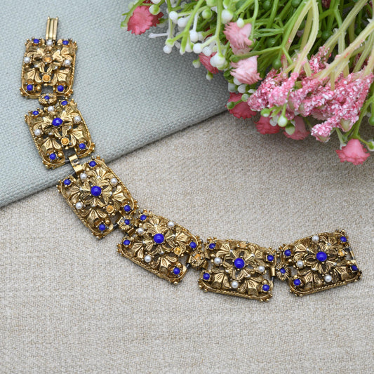 Vintage Sphinx Panel Bracelet with Imitation Pearls and Lapis Lazuli - Mid-Century Designer Signed Jewellery Ornate Gold Tone Antique Style