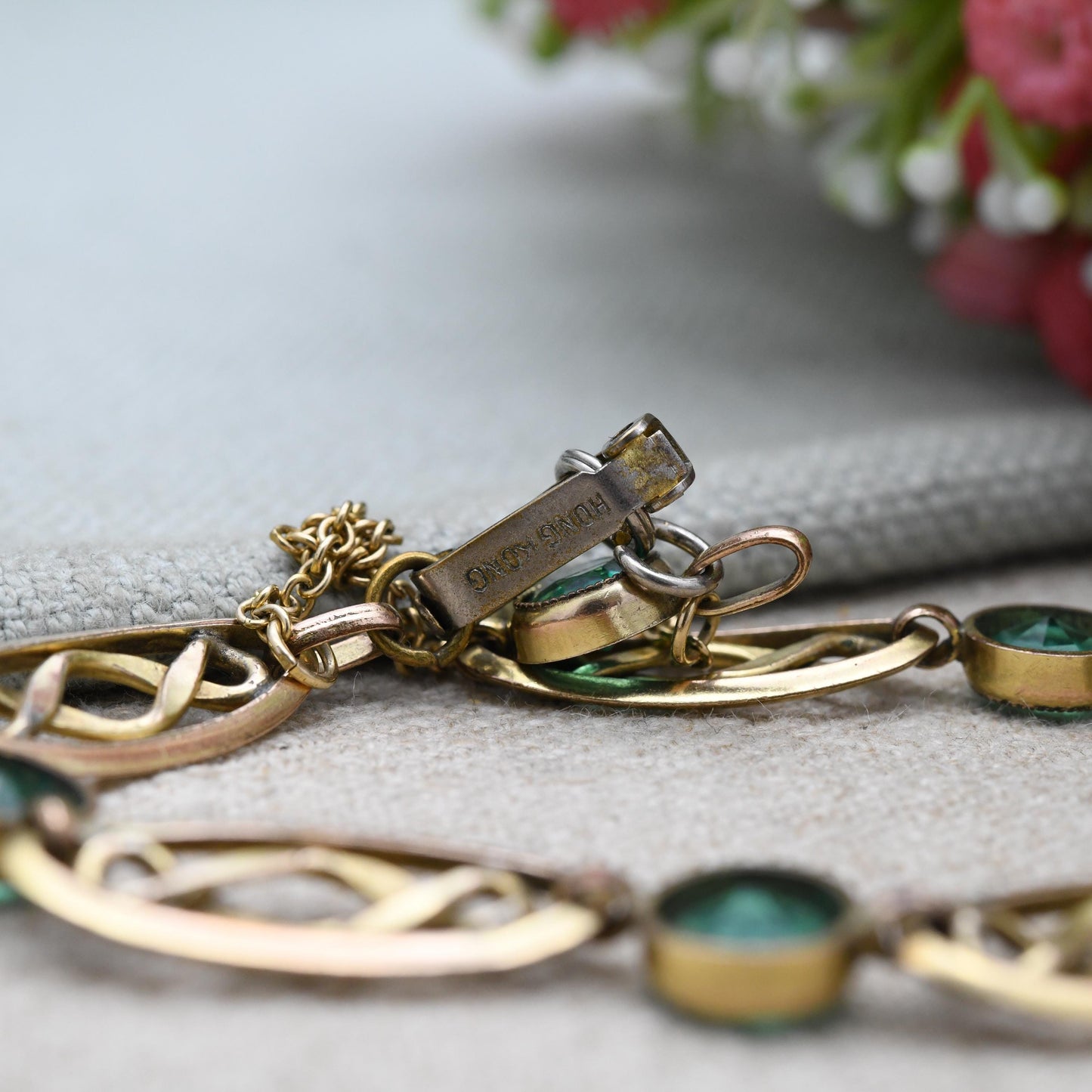 Antique Rolled Gold Panel Bracelet with Green Paste Stones Milgrain Setting c. 1900- with Safety Chain | Edwardian Era Jewellery