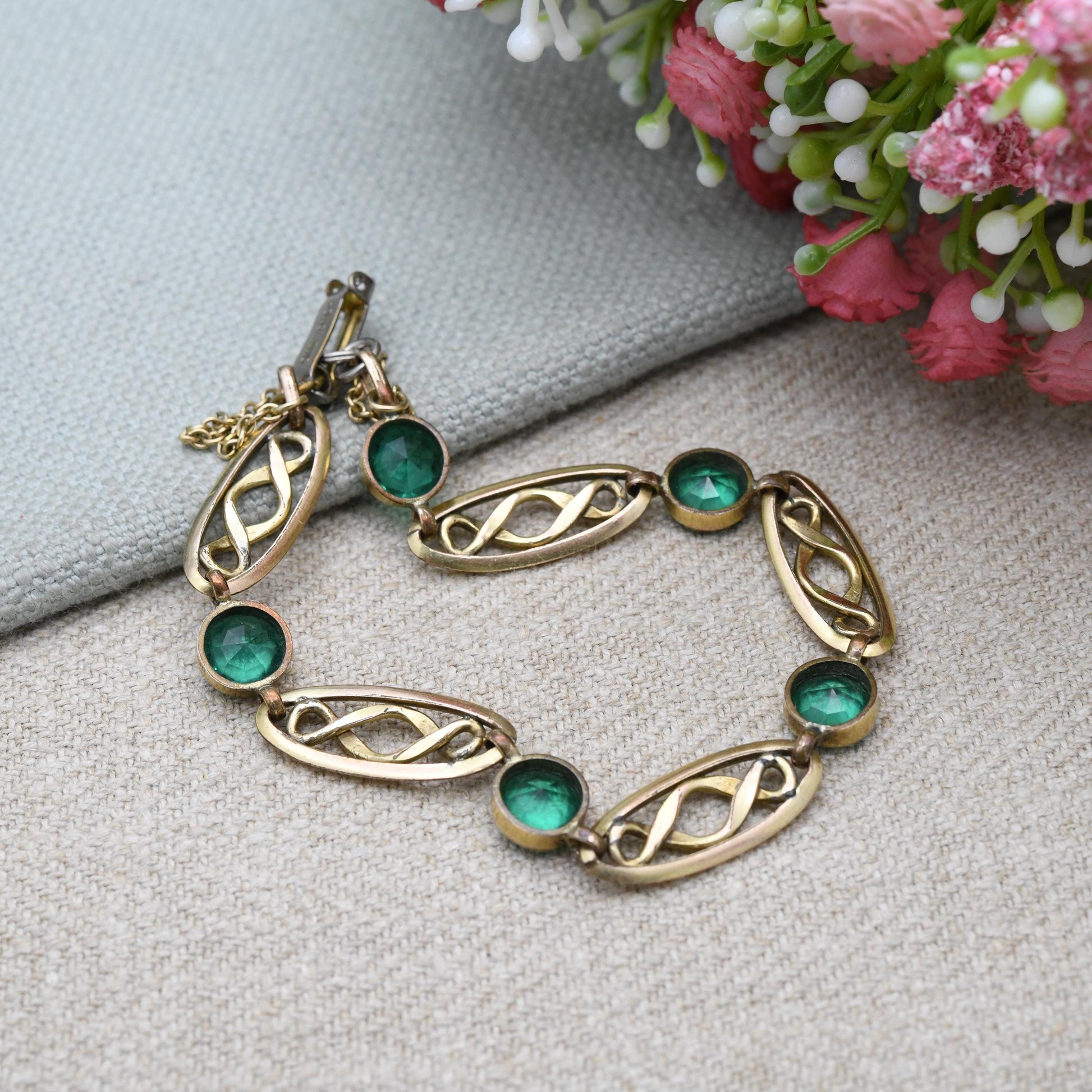 Antique Rolled Gold Panel Bracelet with Green Paste Stones Milgrain Setting c. 1900- with Safety Chain | Edwardian Era Jewellery