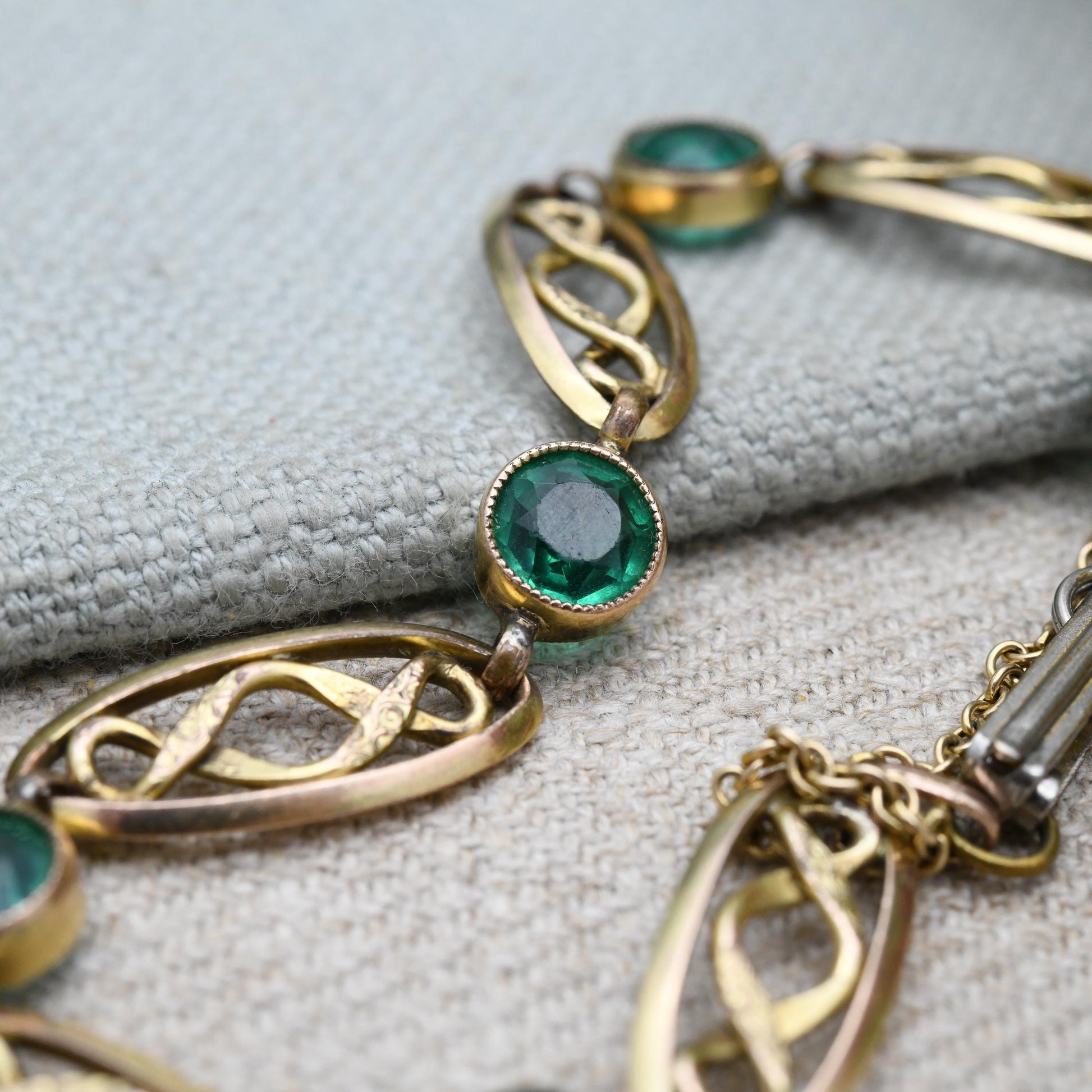 Antique Rolled Gold Panel Bracelet with Green Paste Stones Milgrain Setting c. 1900- with Safety Chain | Edwardian Era Jewellery