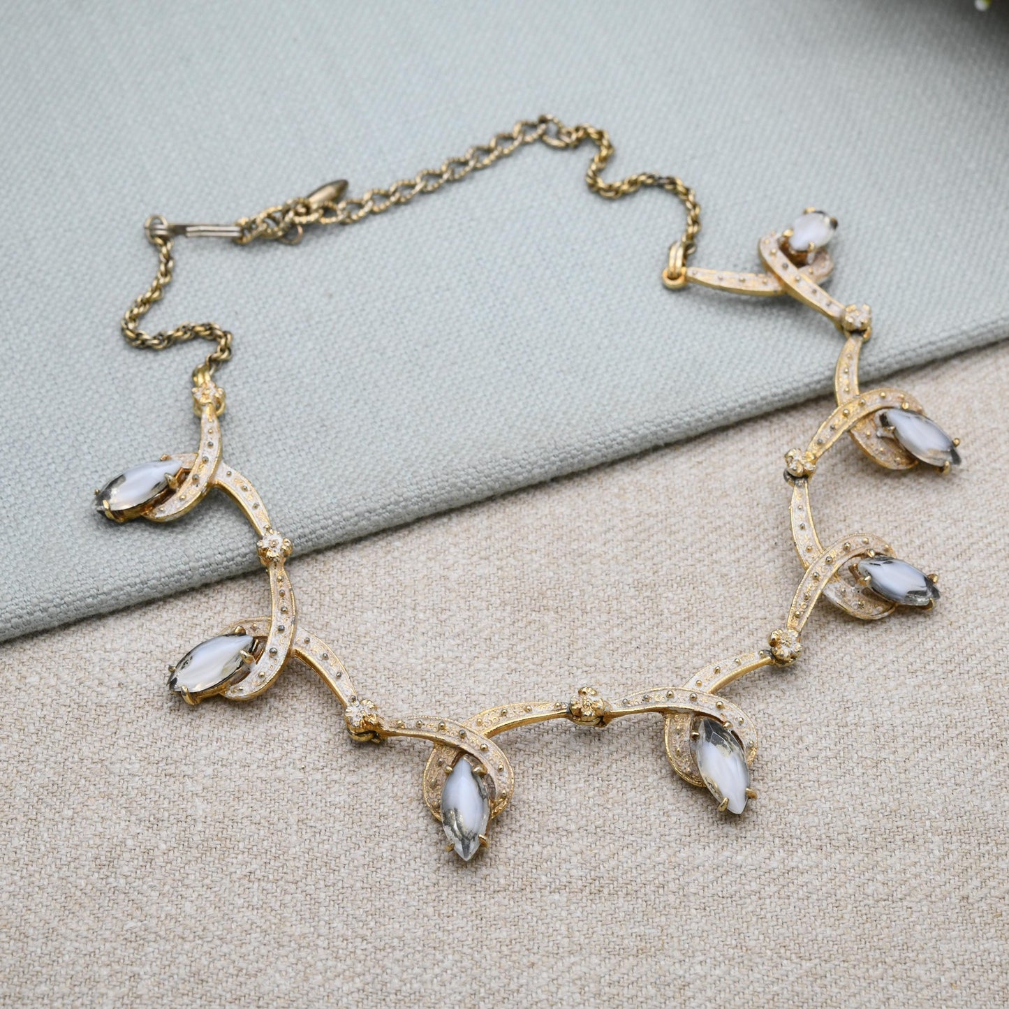 Vintage Hobé Necklace with Marquise Crystals Articulated Design 15" - White Enamel Gold Tone | Mid-Century Signed Branded Costume Jewellery