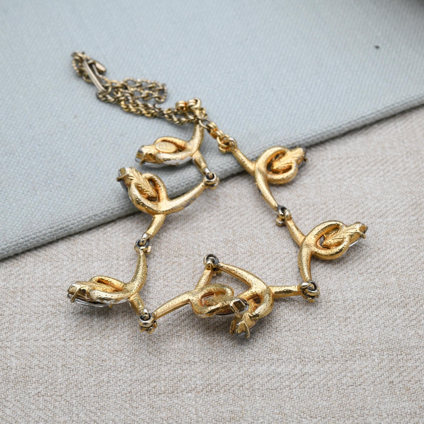 Vintage Hobé Necklace with Marquise Crystals Articulated Design 15" - White Enamel Gold Tone | Mid-Century Signed Branded Costume Jewellery