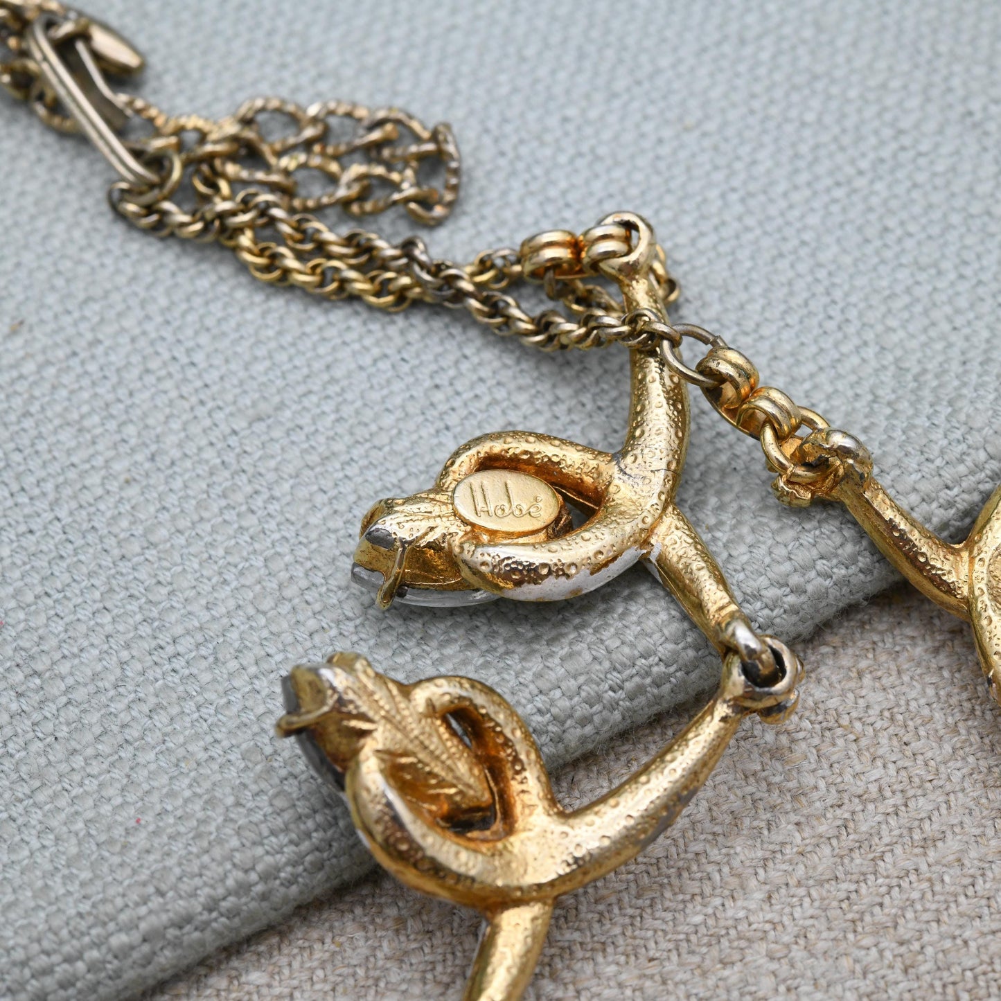 Vintage Hobé Necklace with Marquise Crystals Articulated Design 15" - White Enamel Gold Tone | Mid-Century Signed Branded Costume Jewellery