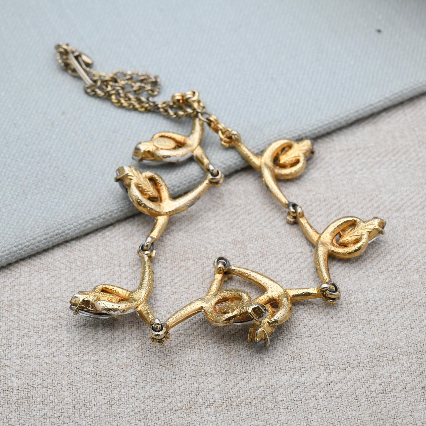 Vintage Hobé Necklace with Marquise Crystals Articulated Design 15" - White Enamel Gold Tone | Mid-Century Signed Branded Costume Jewellery