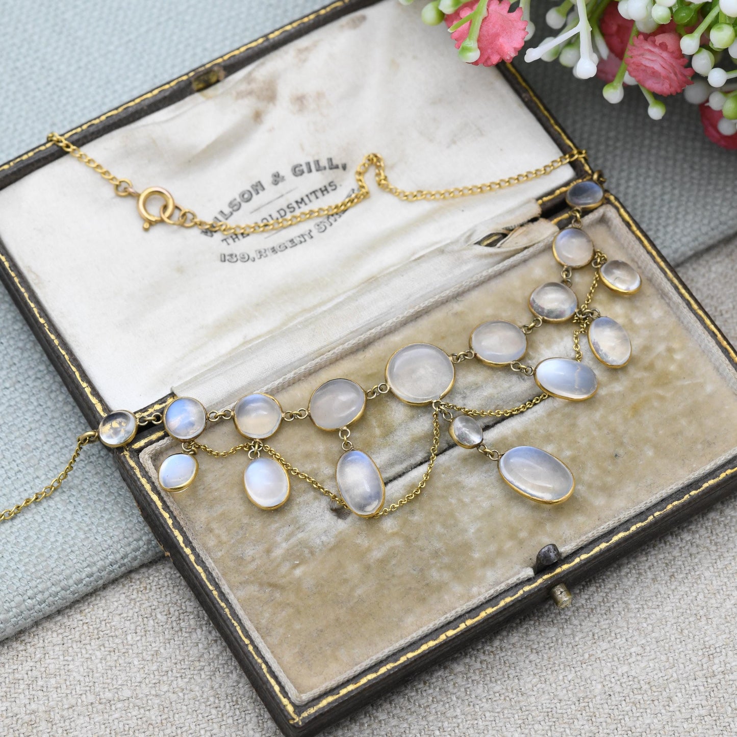 Antique Gold Moonstone Festoon Necklace c. 1900 - Victorian Edwardian Era