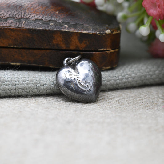 Vintage Sterling Silver Puffed Heart Charm Pendant with Engraved Floral Design - Small Love Heart | Gift for Charm Necklace