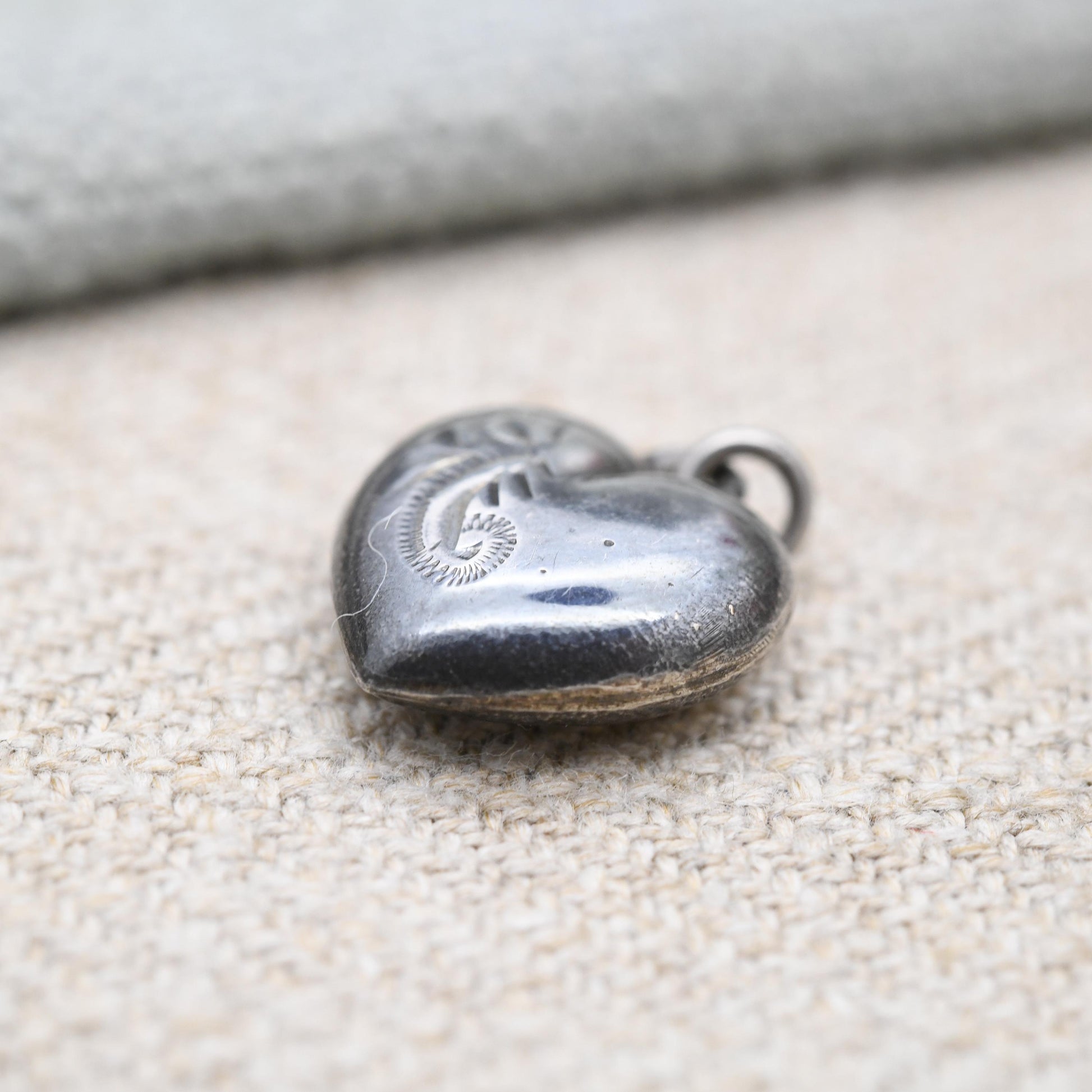 Vintage Sterling Silver Puffed Heart Charm Pendant with Engraved Floral Design - Small Love Heart | Gift for Charm Necklace