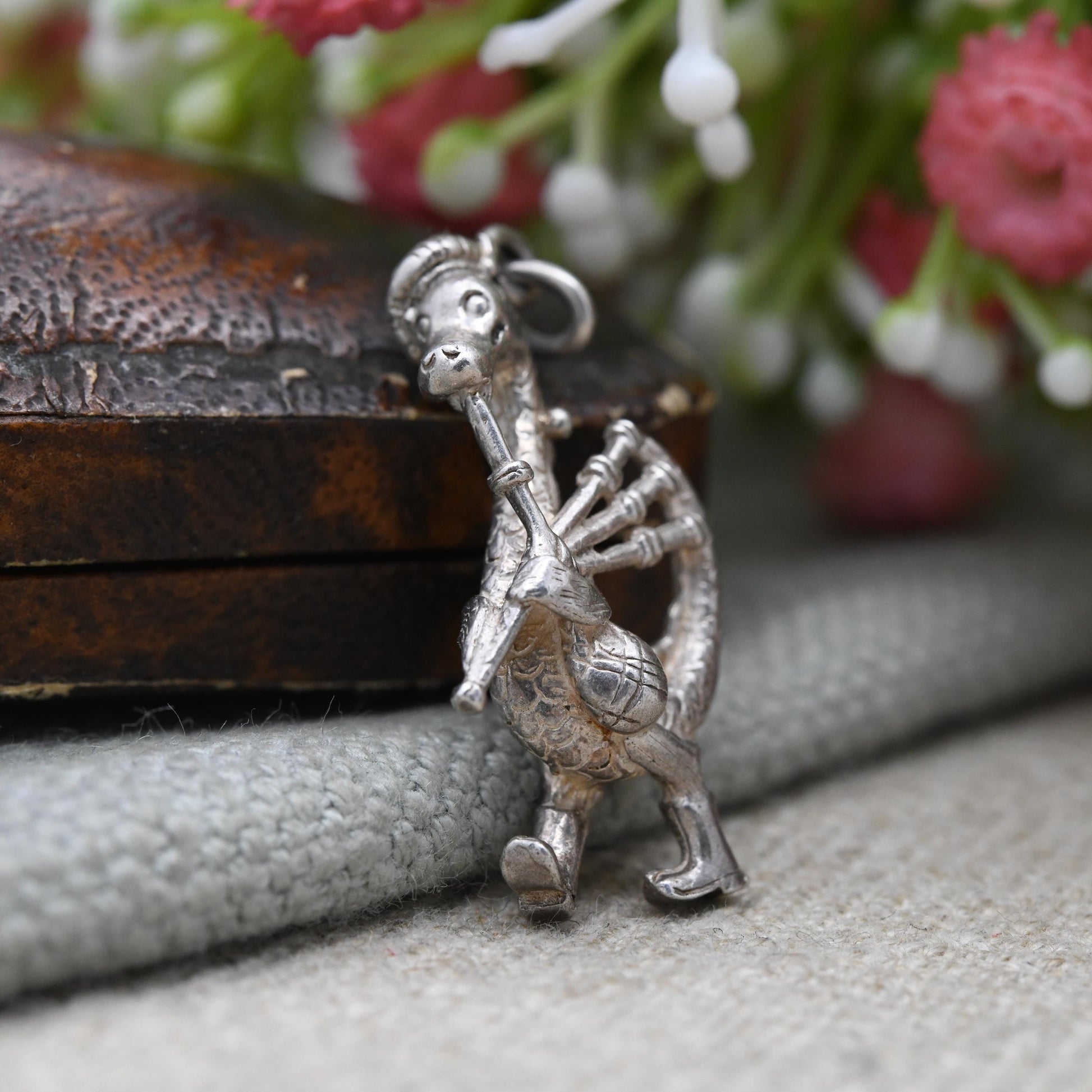 Vintage Sterling Silver Loch Ness Monster Playing the Bagpipes Charm Pendant - Scotland | Highland Music | Souvenir Gift for Charm Bracelet