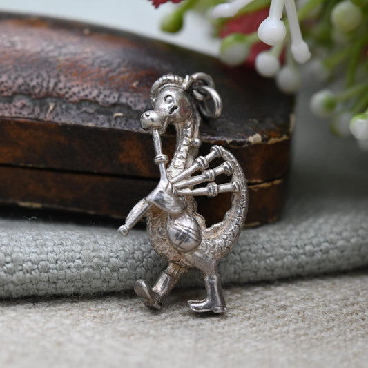 Vintage Sterling Silver Loch Ness Monster Playing the Bagpipes Charm Pendant - Scotland | Highland Music | Souvenir Gift for Charm Bracelet