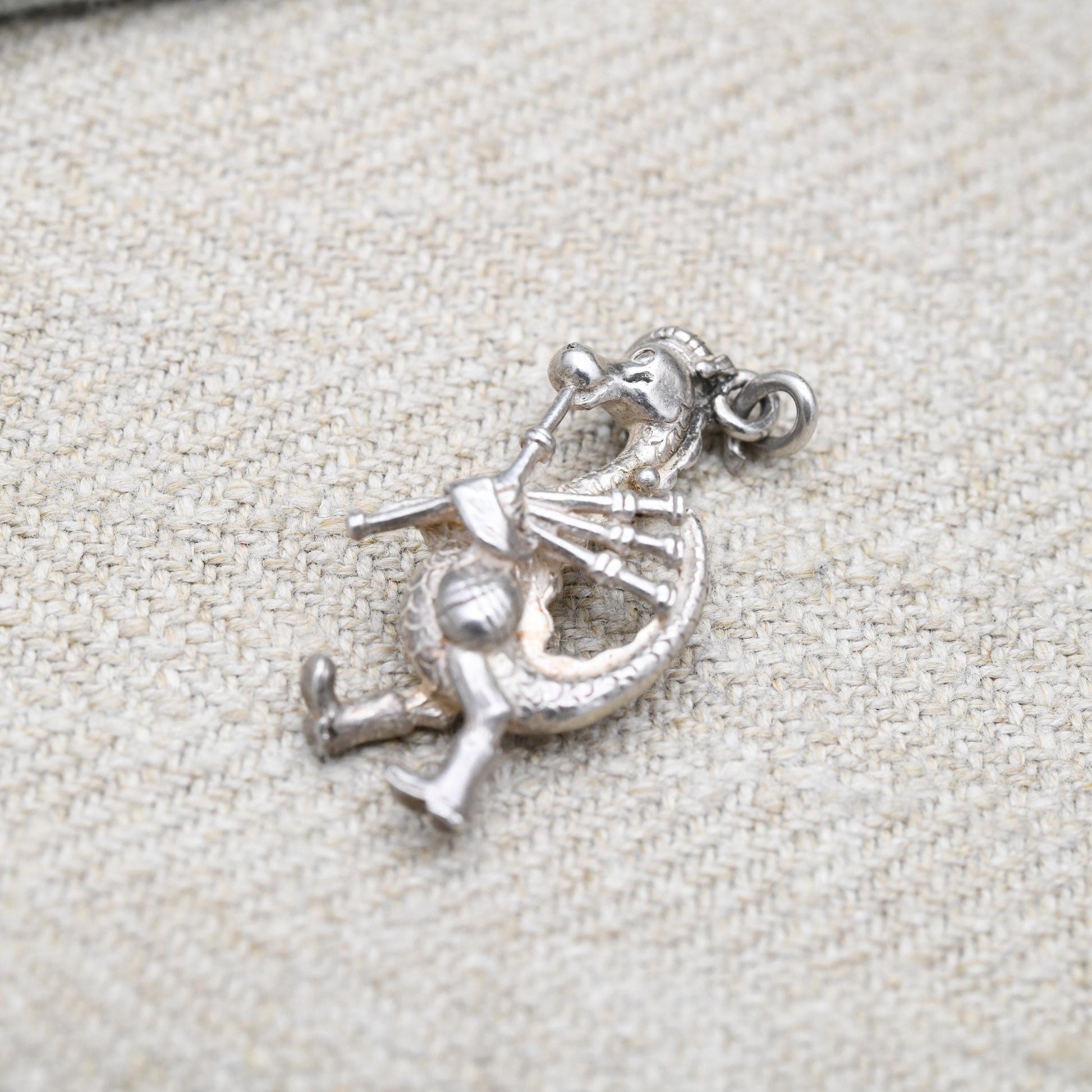Vintage Sterling Silver Loch Ness Monster Playing the Bagpipes Charm Pendant - Scotland | Highland Music | Souvenir Gift for Charm Bracelet