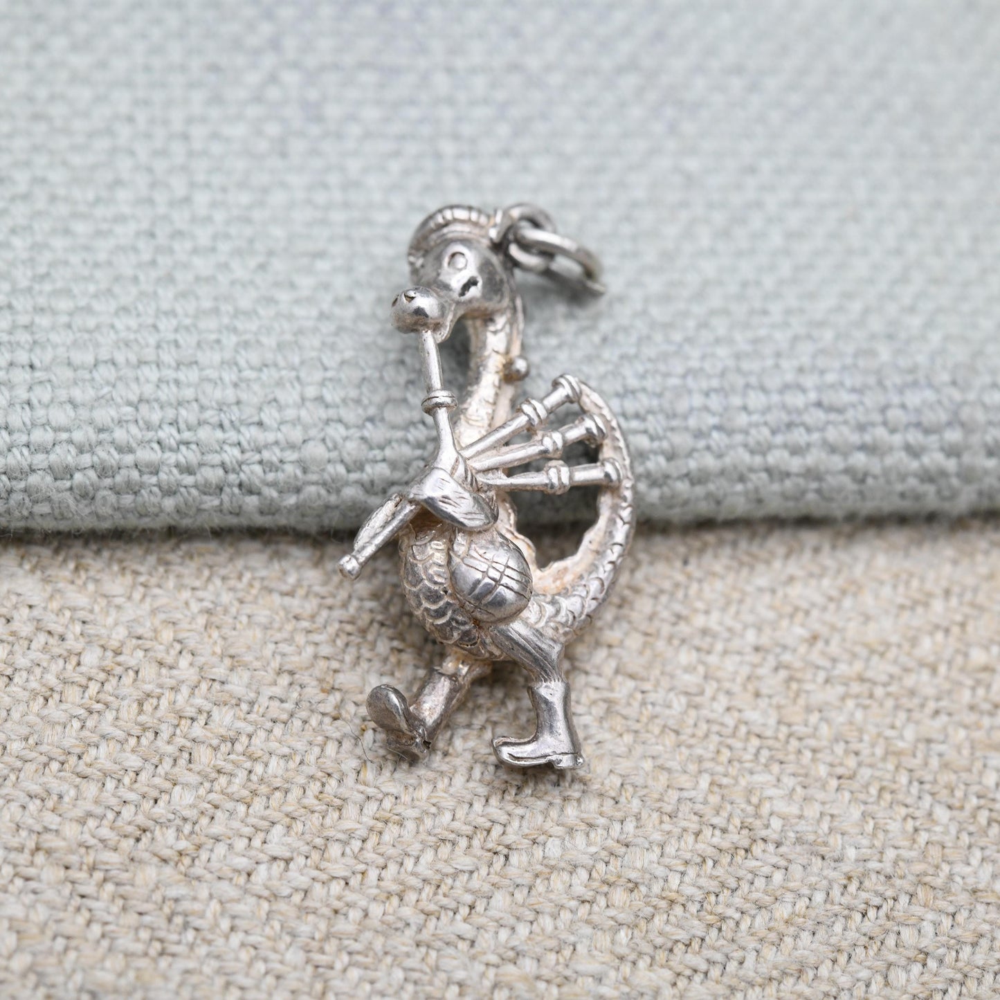 Vintage Sterling Silver Loch Ness Monster Playing the Bagpipes Charm Pendant - Scotland | Highland Music | Souvenir Gift for Charm Bracelet