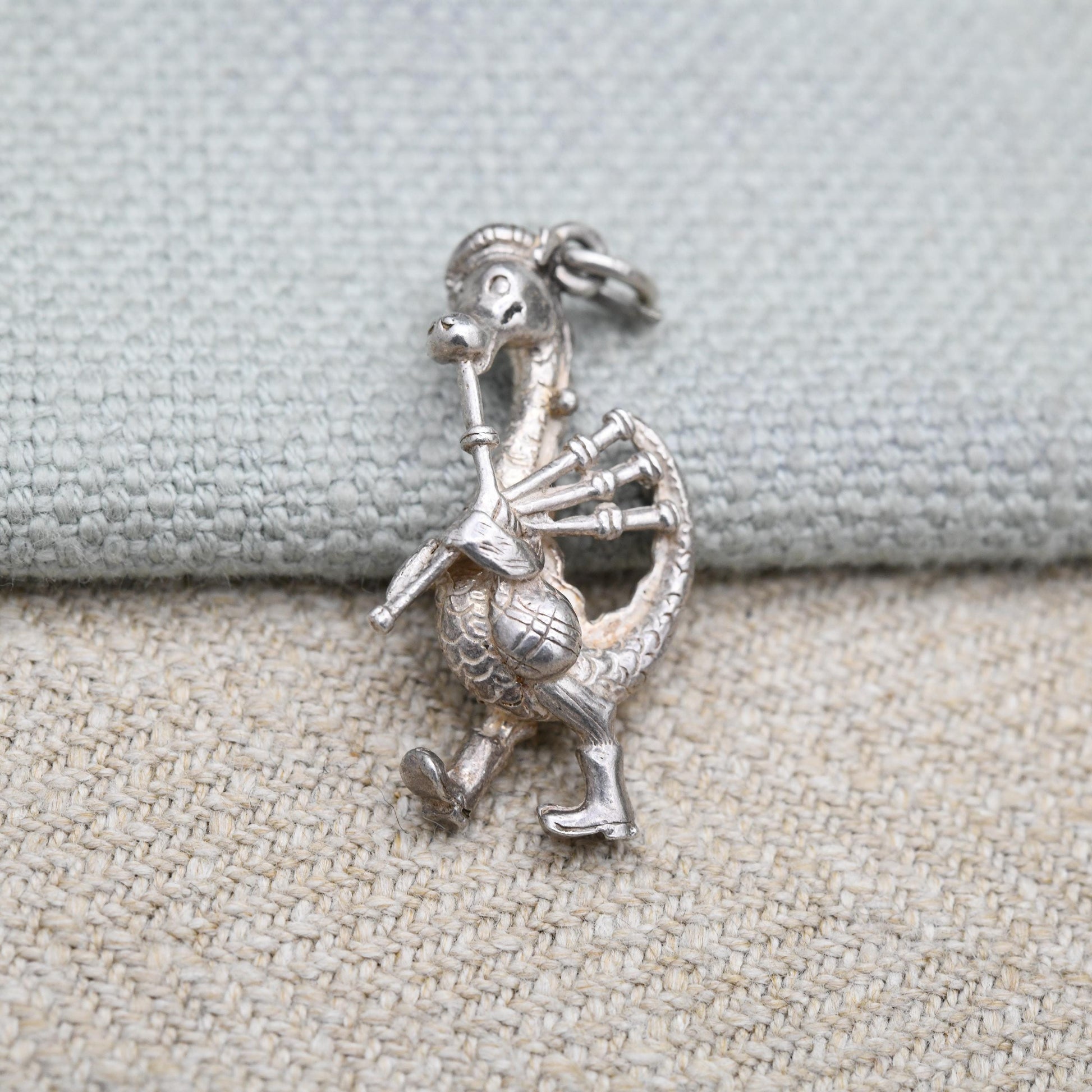 Vintage Sterling Silver Loch Ness Monster Playing the Bagpipes Charm Pendant - Scotland | Highland Music | Souvenir Gift for Charm Bracelet