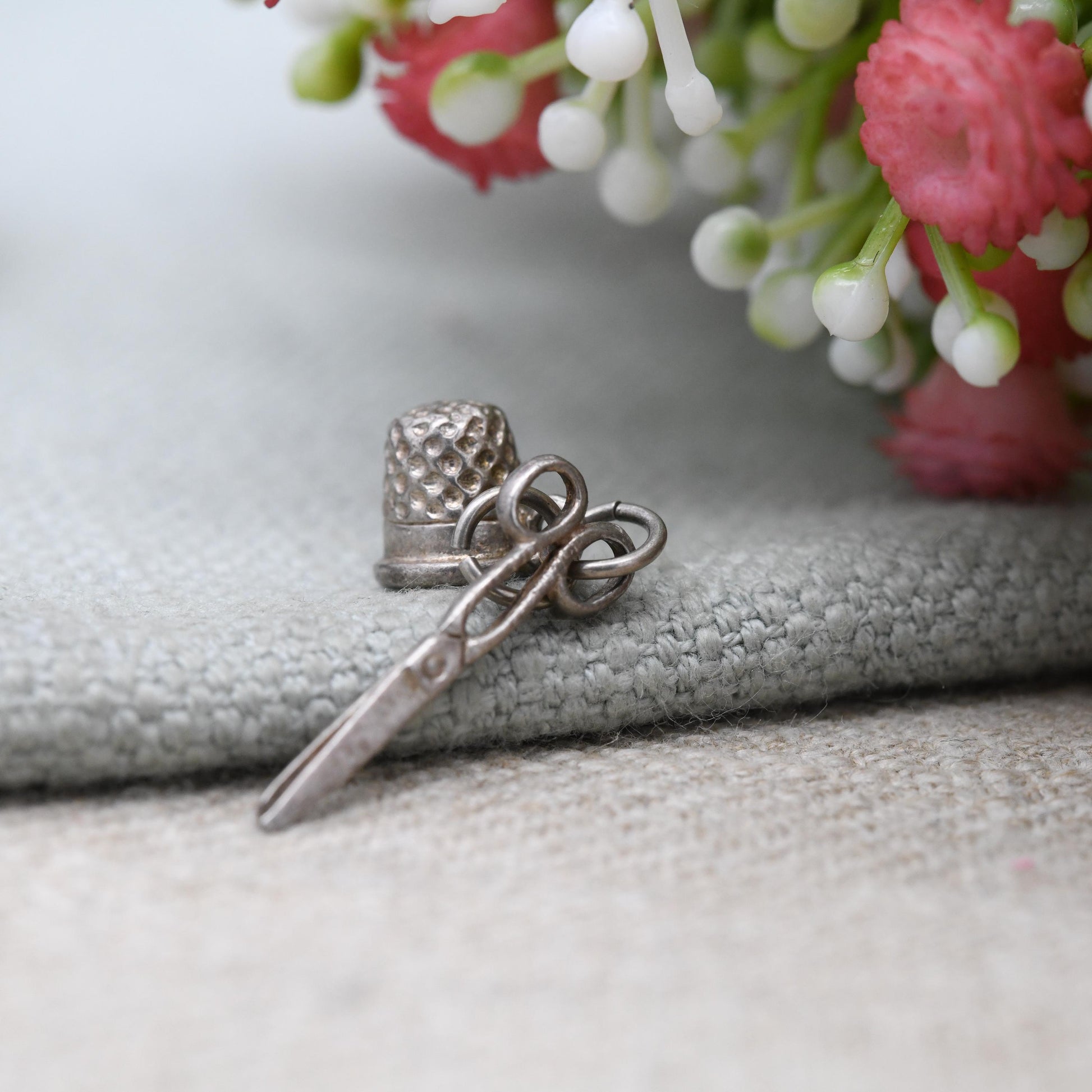 Vintage Sterling Silver Sowing Kit Charm Pendant - Sowing Scissors | Thimble | Gift for Charm Bracelet