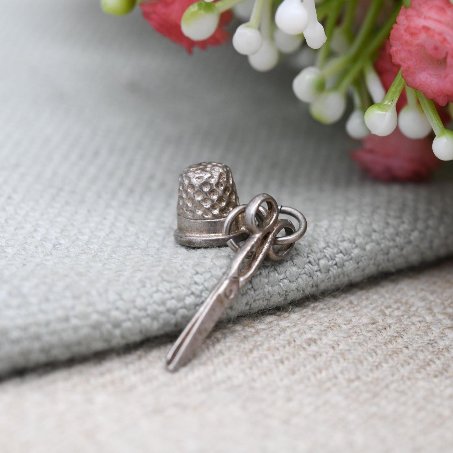 Vintage Sterling Silver Sowing Kit Charm Pendant - Sowing Scissors | Thimble | Gift for Charm Bracelet