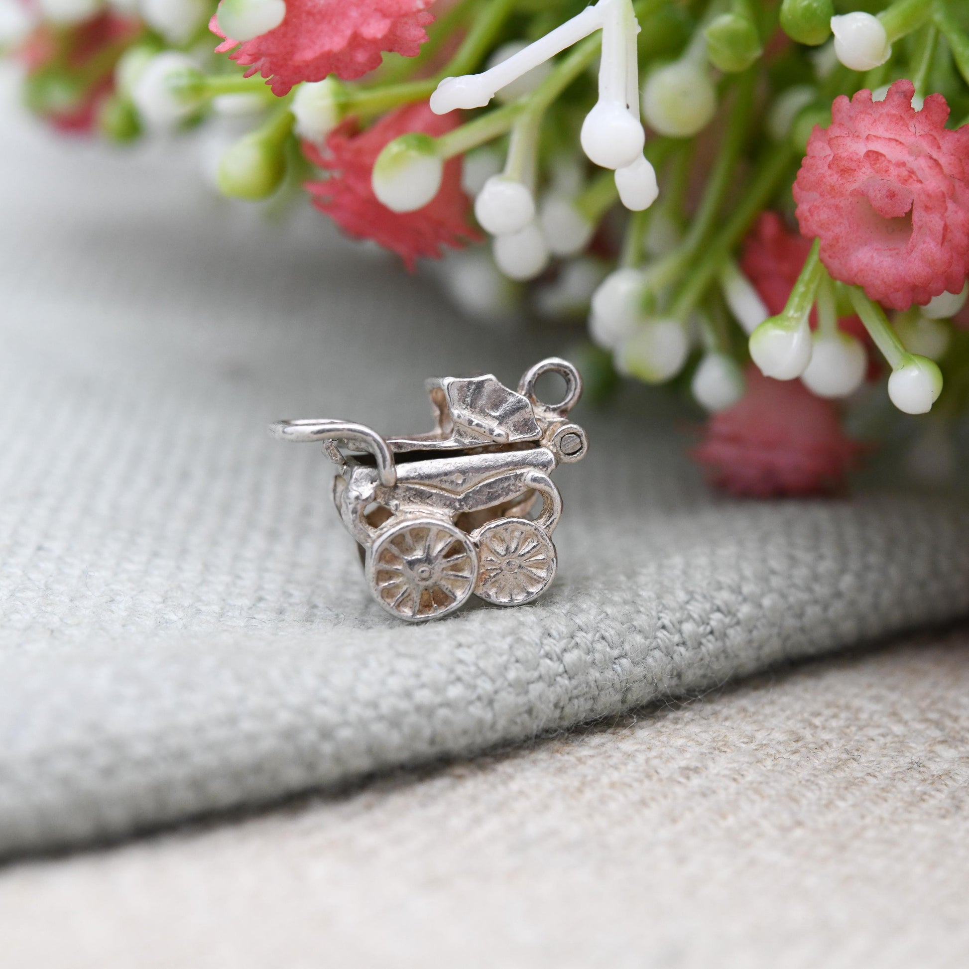 Vintage Nuvo Sterling Silver Pram Charm Opening to Reveal a Baby - Antique Style Pushchair Pendant | Gift for Charm Bracelet Necklace Stack