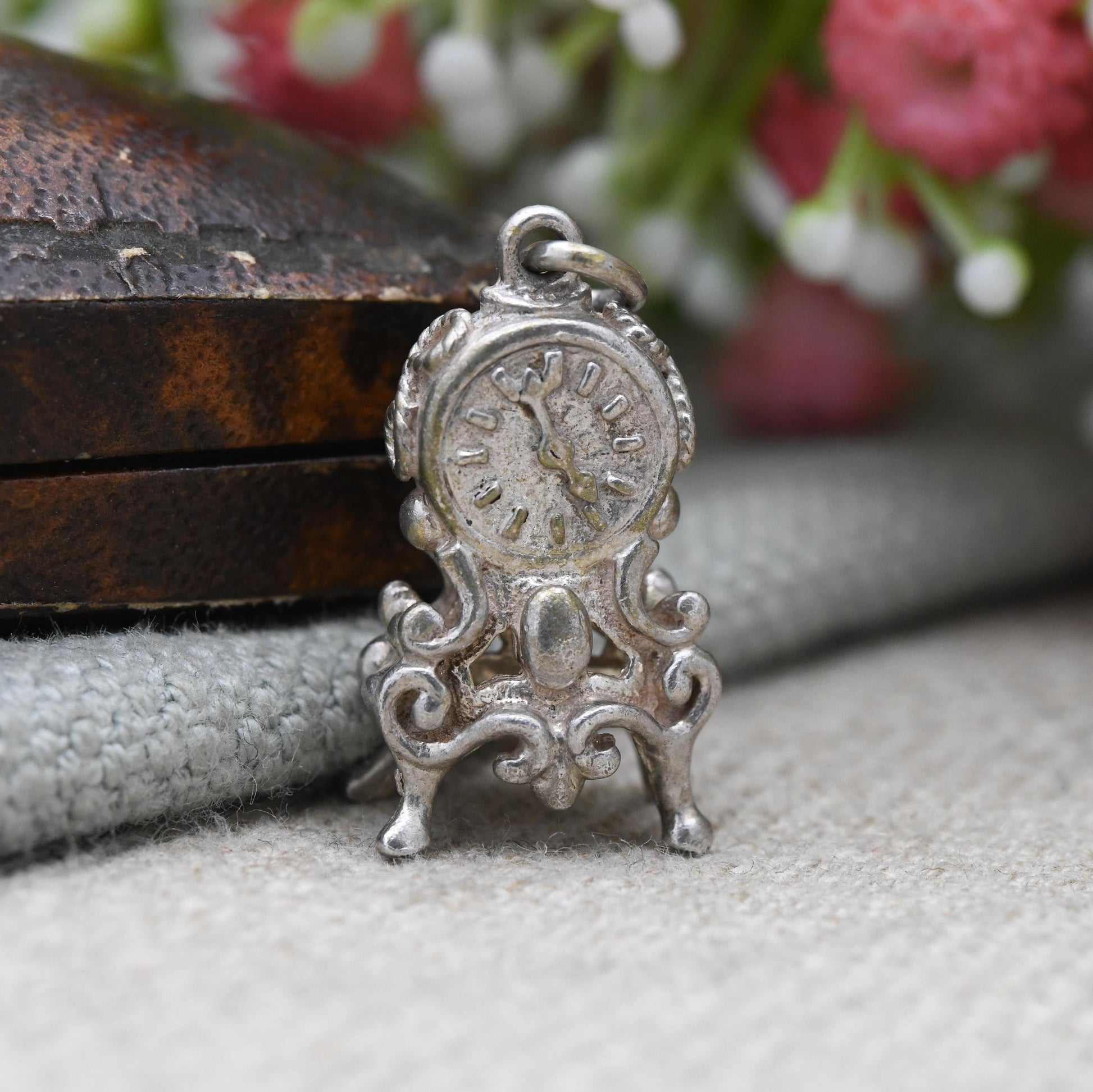 Vintage Sterling Silver Mantel Clock Charm Pendant - Clock | Carriage Clock | Ornate Clock | Gift for Charm Bracelet