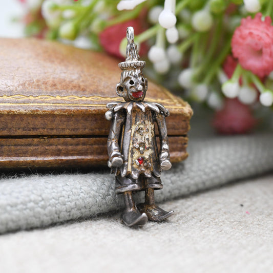 Vintage Sterling Silver Articulated Clown Pendant with Gem Buttons - Colourful Man Fun Clown Moving Arms and Legs | Unusual Silver Jewellery