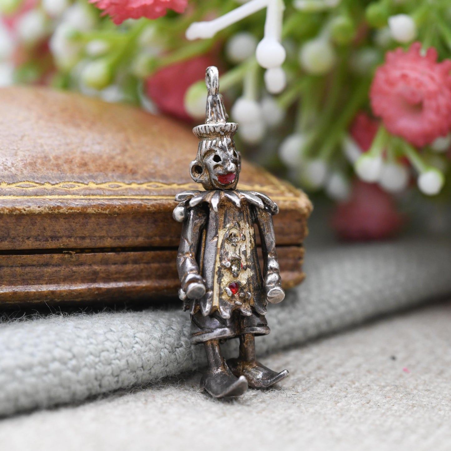 Vintage Sterling Silver Articulated Clown Pendant with Gem Buttons - Colourful Man Fun Clown Moving Arms and Legs | Unusual Silver Jewellery